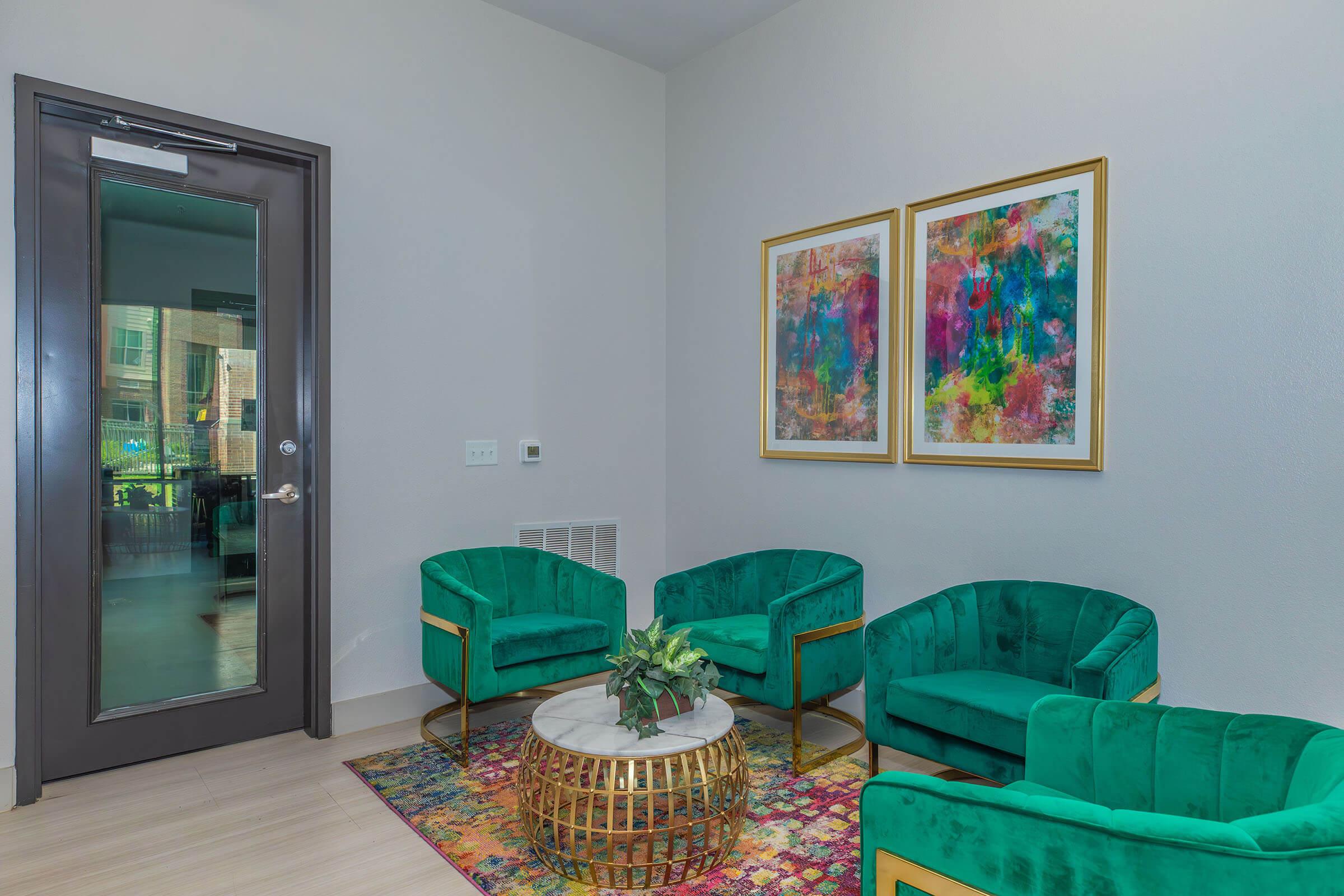 a bedroom with a green painted room