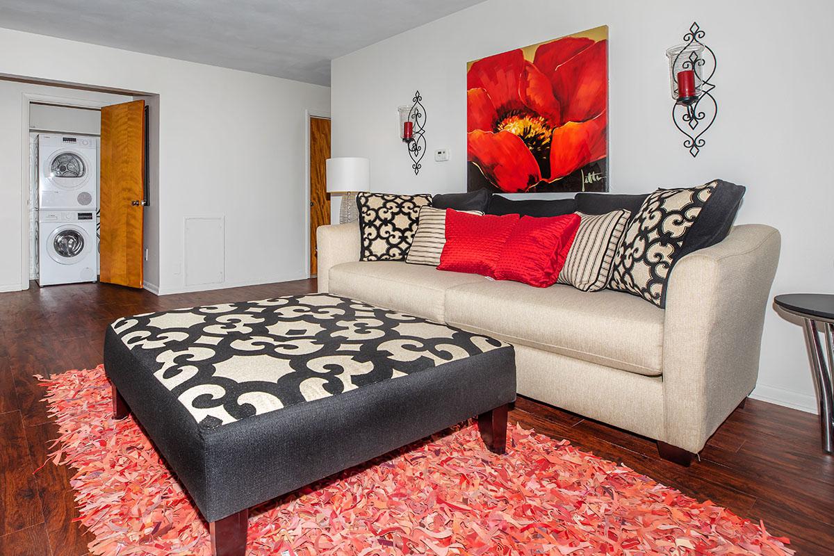 a living room with a red rug