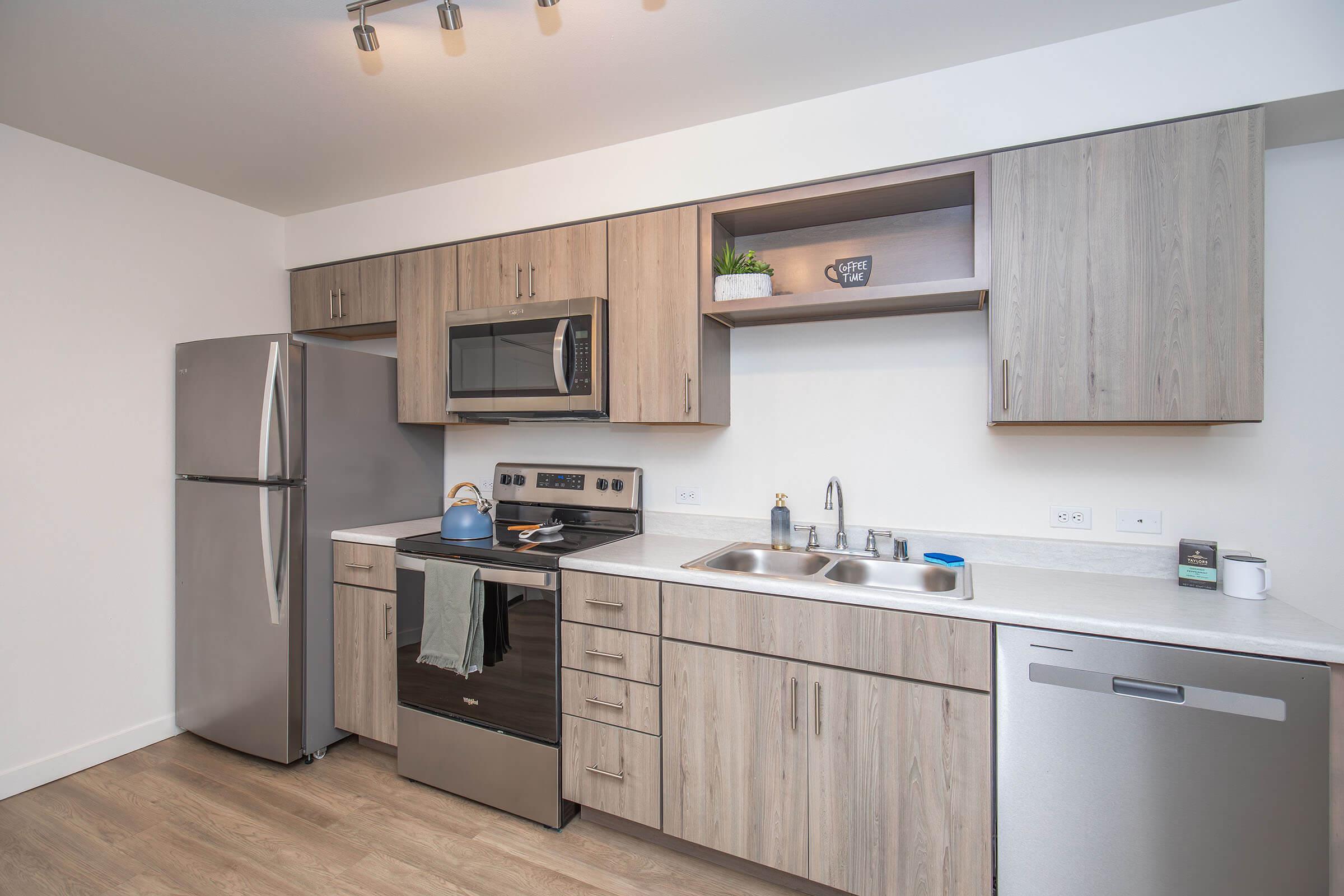 Modern kitchen featuring stainless steel appliances, including a refrigerator, microwave, and oven. Light wood cabinetry and a light countertop provide a contemporary look. A blue kettle sits on the stove, and there are dual sinks with a faucet. The kitchen is well-lit with overhead lighting.