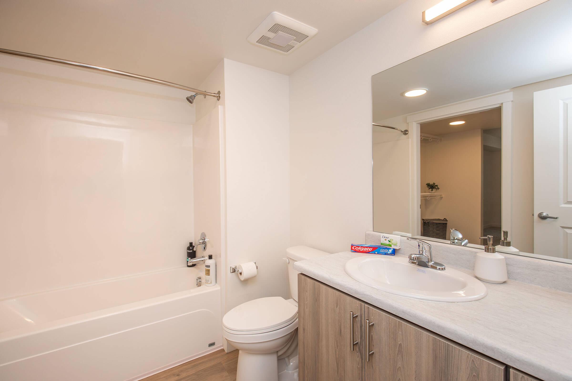 A clean and modern bathroom featuring a white bathtub with a shower curtain, a toilet, and a sink with a countertop. The sink area has toiletries, and a mirror is mounted above it. Light-colored walls and wooden cabinets create a bright and inviting space.