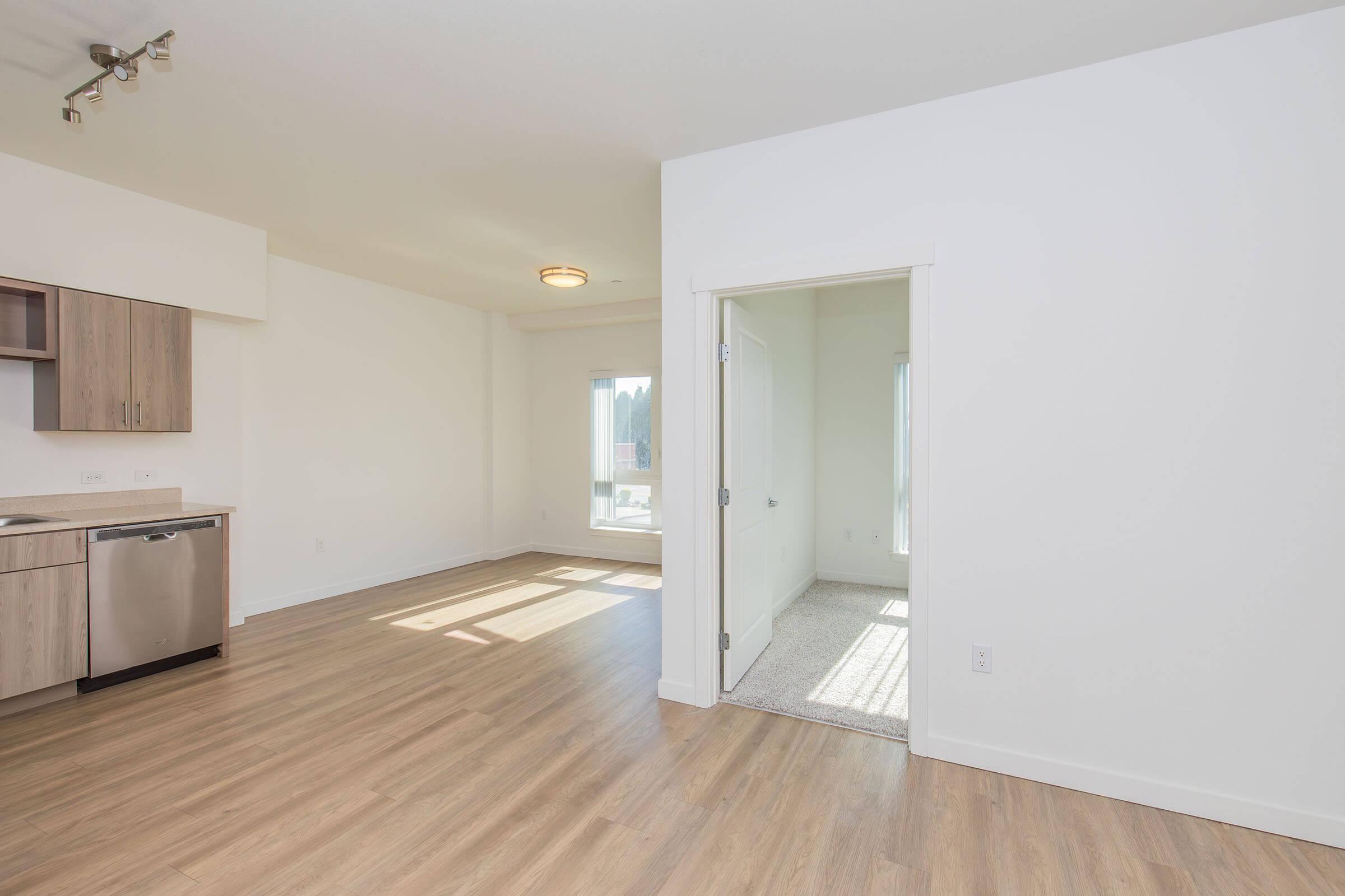 Bright and airy interior of an apartment featuring a spacious layout with wooden flooring, a kitchenette equipped with stainless steel appliances, and an open doorway leading to another room. Large windows allow natural light to flood the space, enhancing the overall ambiance.