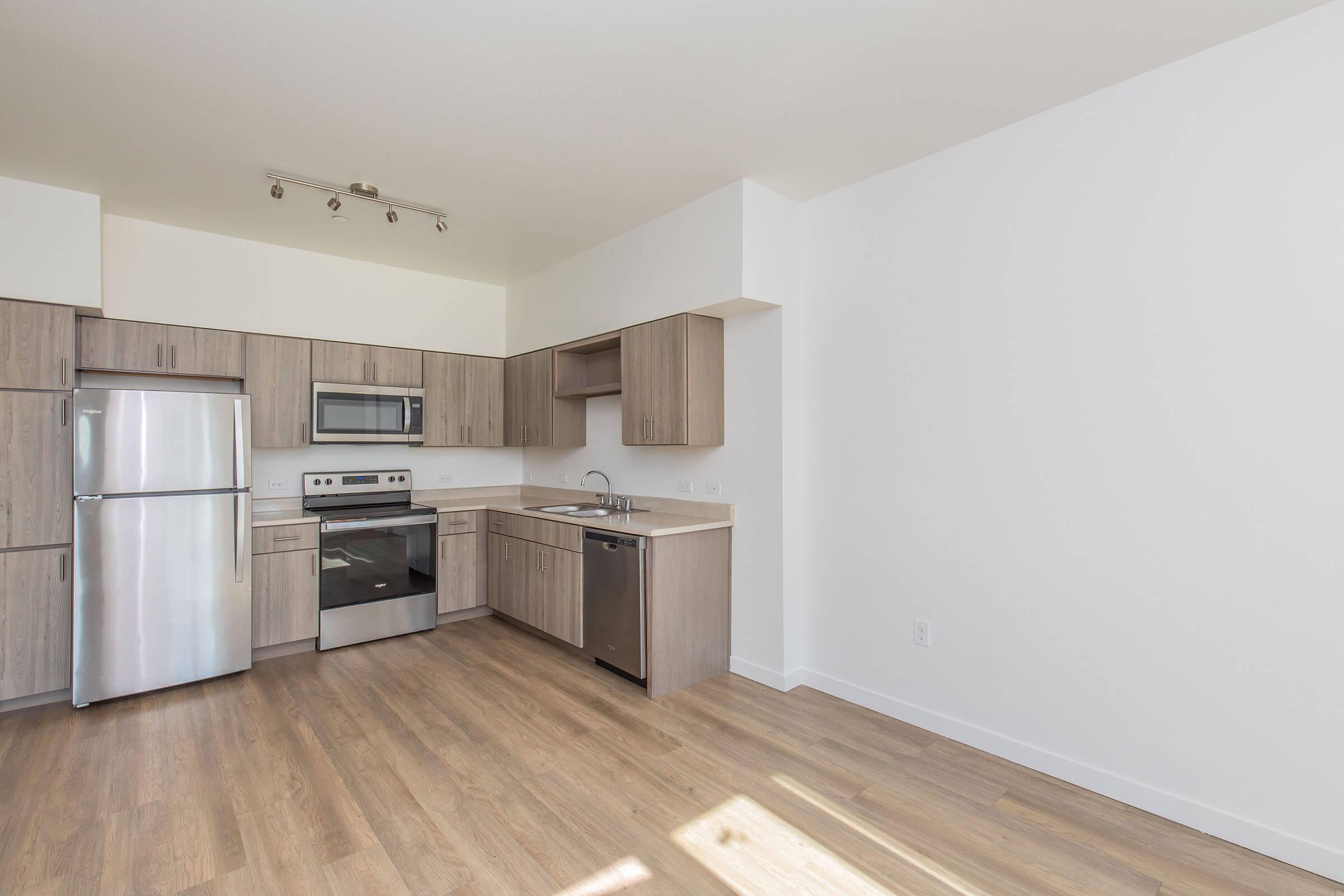 Modern kitchen featuring stainless steel appliances, including a refrigerator, oven, and microwave. Light wood cabinetry complements the tiled backsplash. The kitchen is bright and spacious with light-colored walls and a wood floor, creating a contemporary and inviting atmosphere.