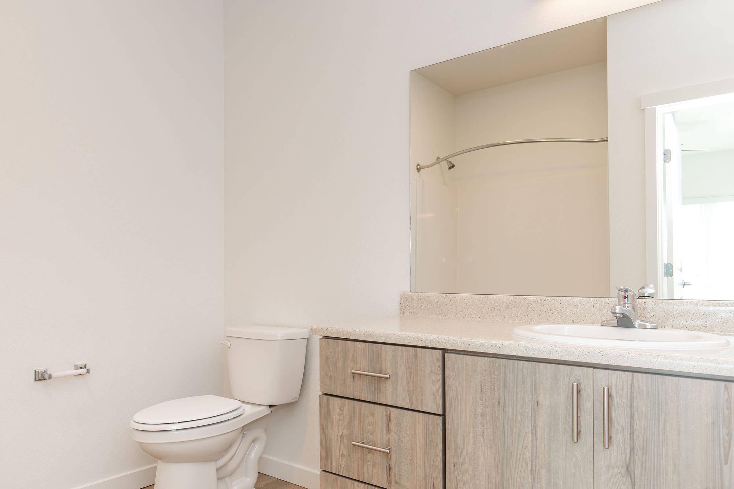 A modern bathroom featuring a toilet, a sink with a countertop, and a large mirror above the sink. The walls are painted white, and there is a curved shower rod in the background. The cabinetry is made of light wood, offering a contemporary and clean aesthetic.
