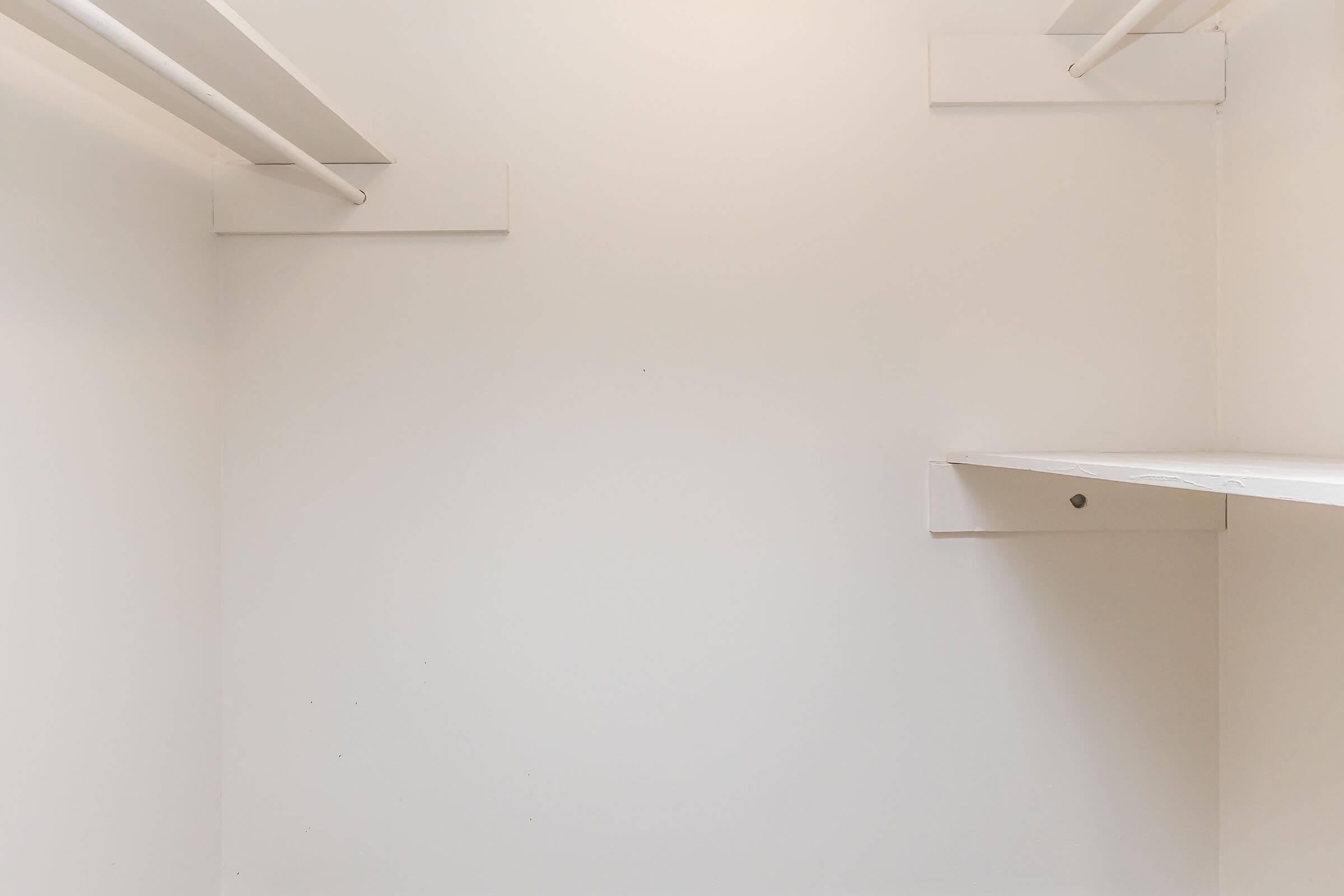 A minimalist closet with white walls, featuring two hanging rods on the left side and a single shelf at the bottom right. The space is empty, emphasizing the clean and uncluttered design.