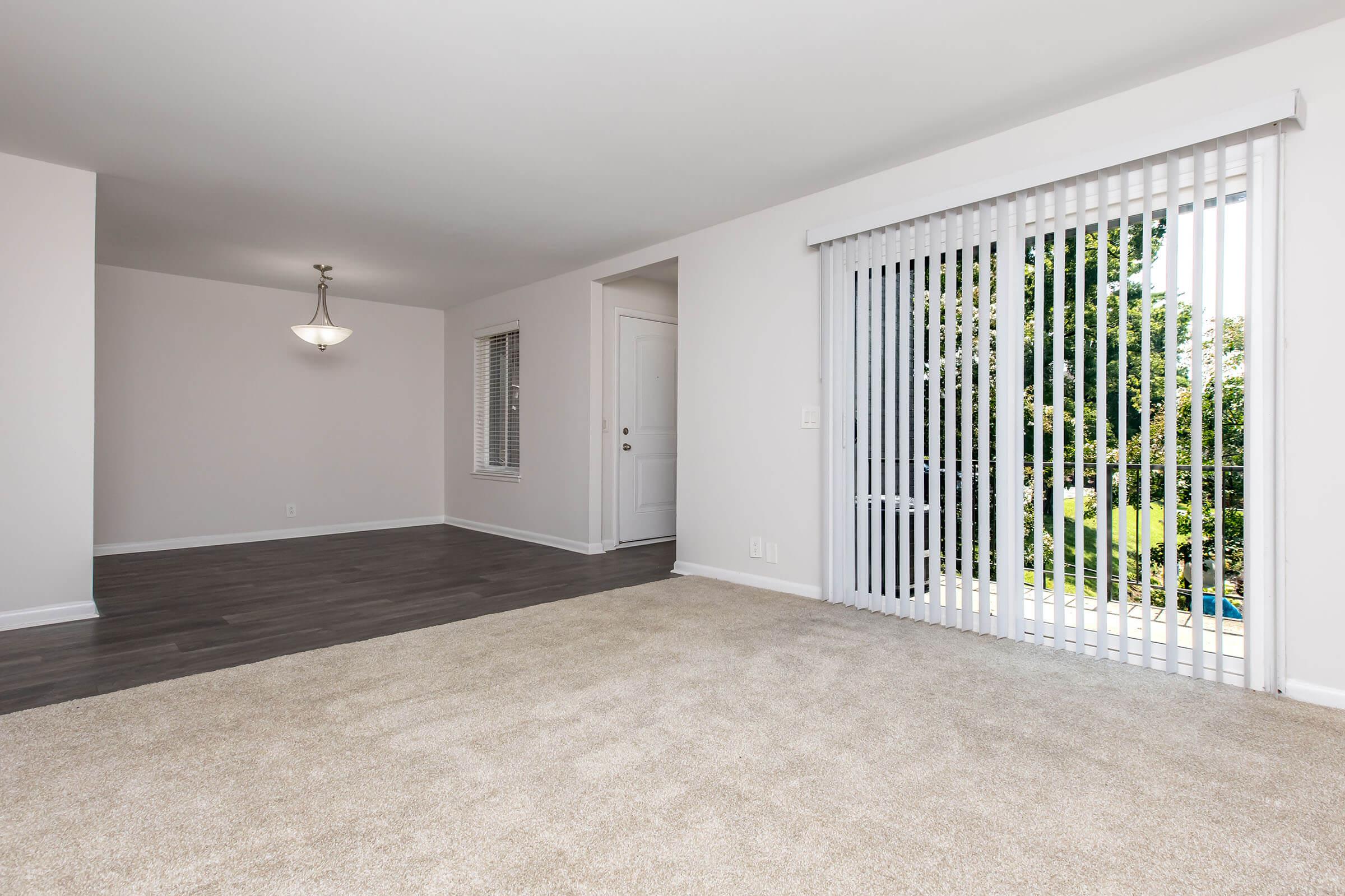 Spacious, well-lit living area featuring neutral-colored walls, a cozy carpet, and a sliding glass door leading to an outdoor space. A small chandelier hangs from the ceiling, and there are large windows allowing natural light into the room.