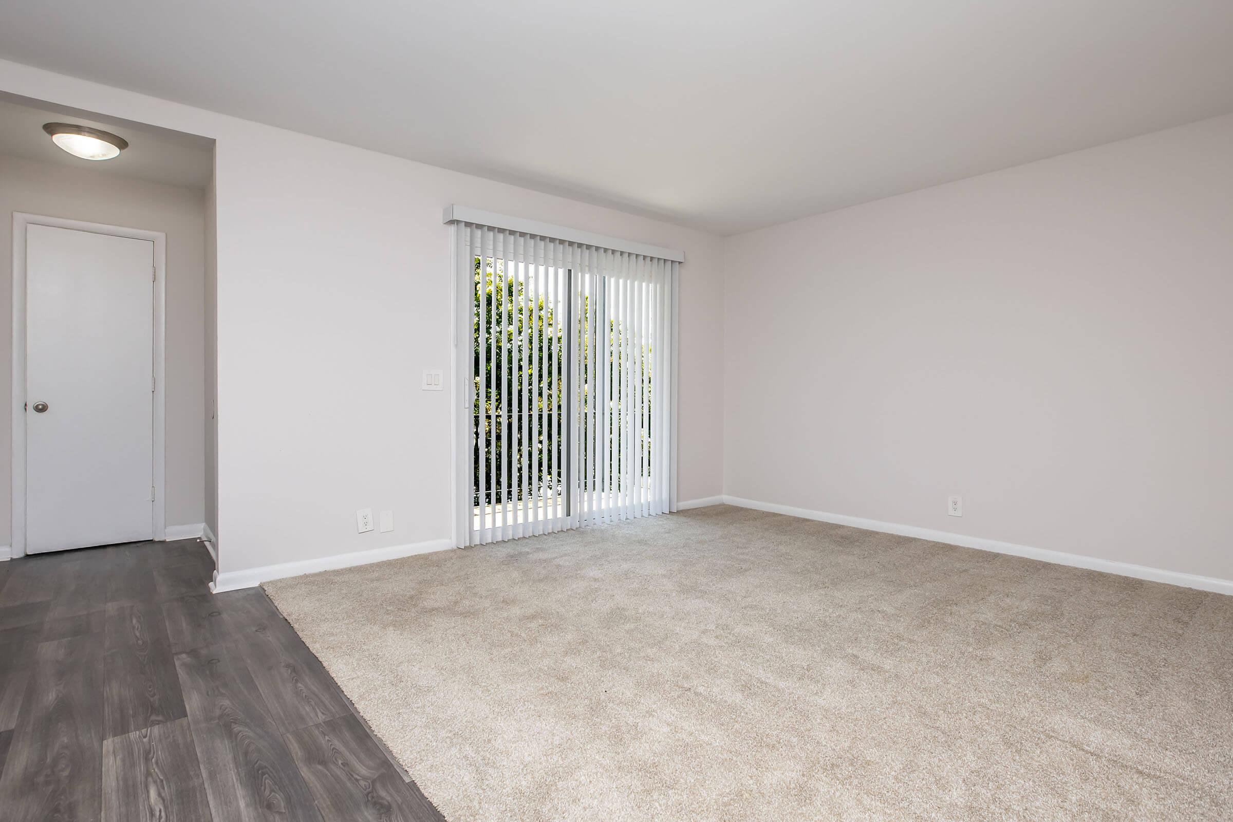 A spacious, empty room with light-colored walls and carpet flooring. There is a sliding glass door with vertical blinds leading to an outdoor space. On the left, a plain white door is visible, and the room is well-lit with natural light coming through the door.