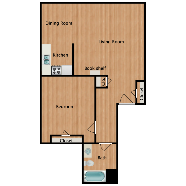 Floor plan image of Oak 1 Bedroom 1 Bath