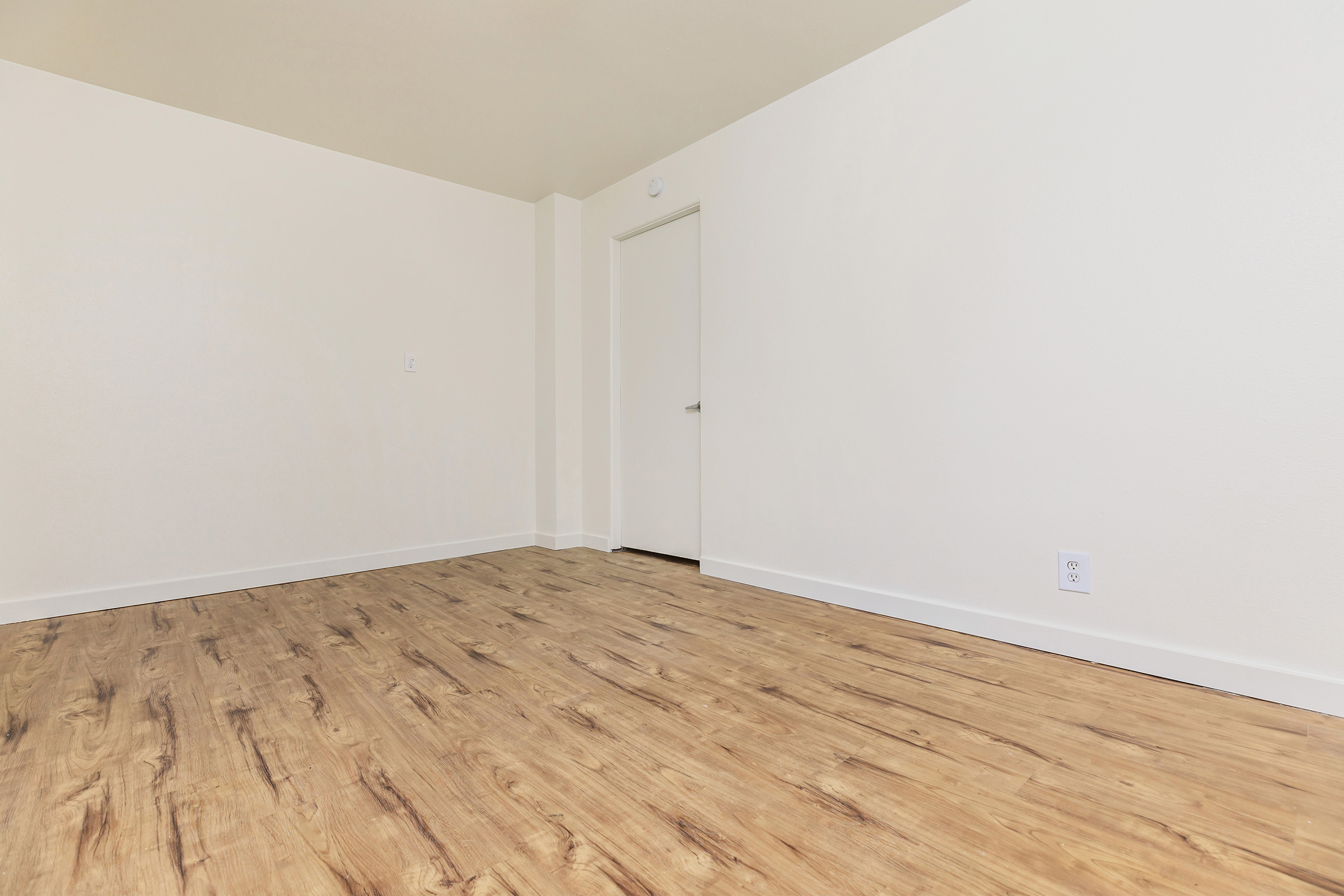 A spacious, empty room with light-colored walls and a wooden floor. There is a closed door on the right, and the overall atmosphere is bright and minimalistic, suggesting it is ready for furnishing or decoration.