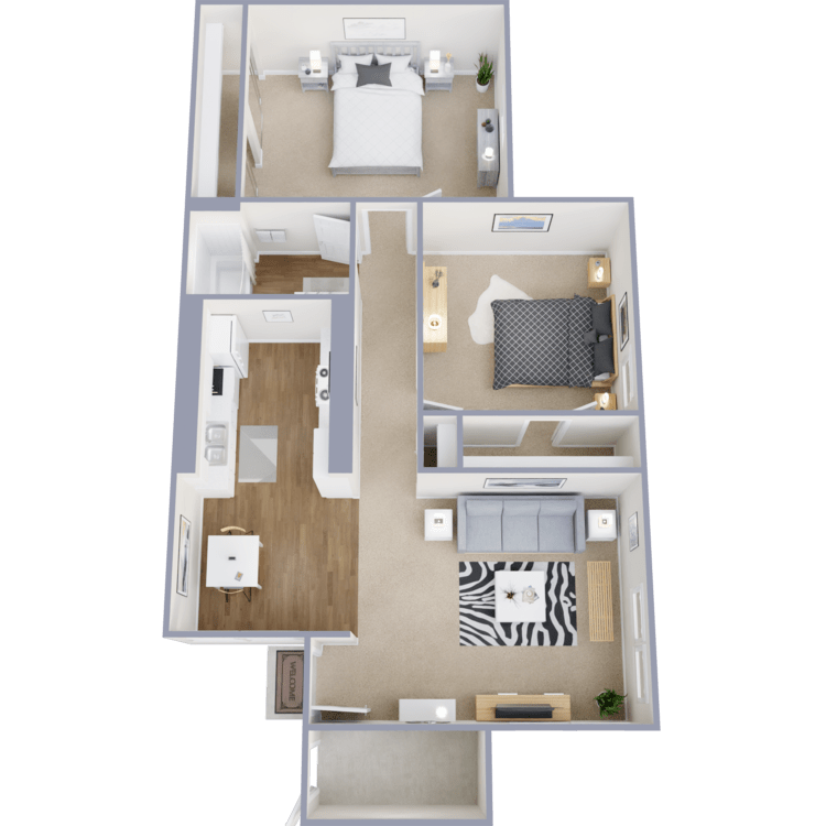 2 Bed 1 Bath, a 2 bedroom 1 bathroom floor plan.