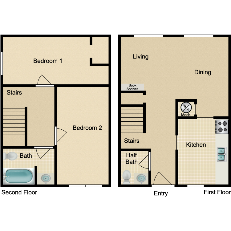 Floor plan image of 2 Bed 1.5 Bath Townhome B