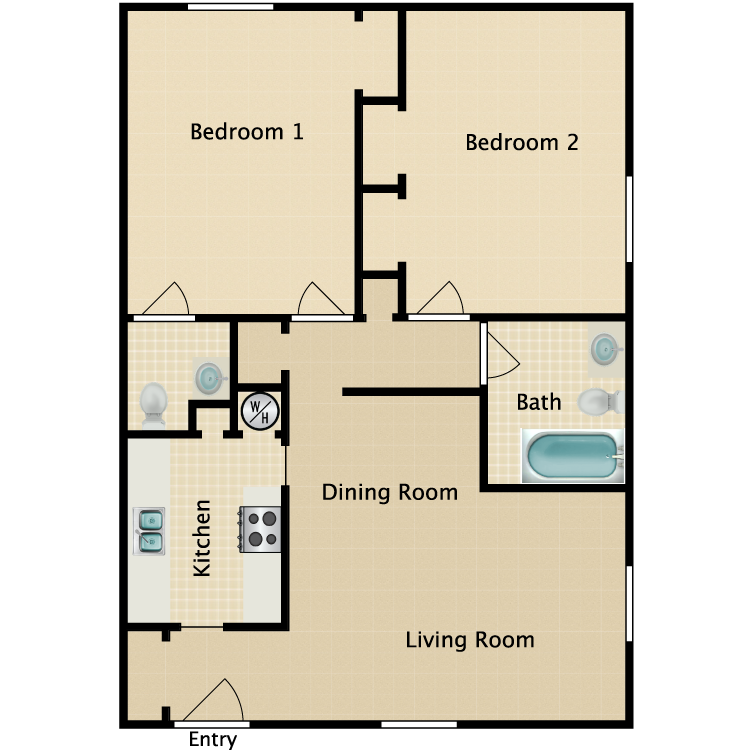 Floor plan image of 2 Bed 1.5 Bath