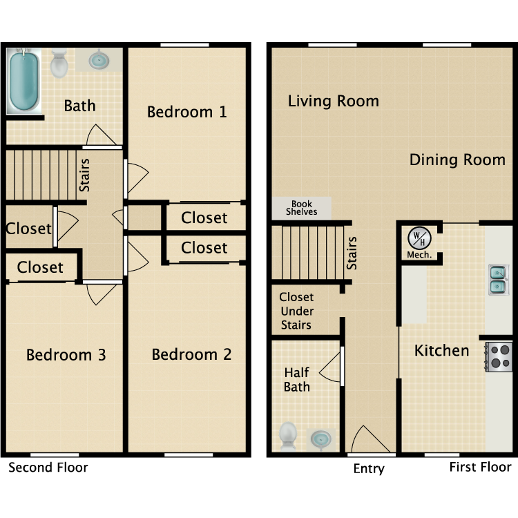 Floor plan image of 3 Bed 1.5 Bath Townhome