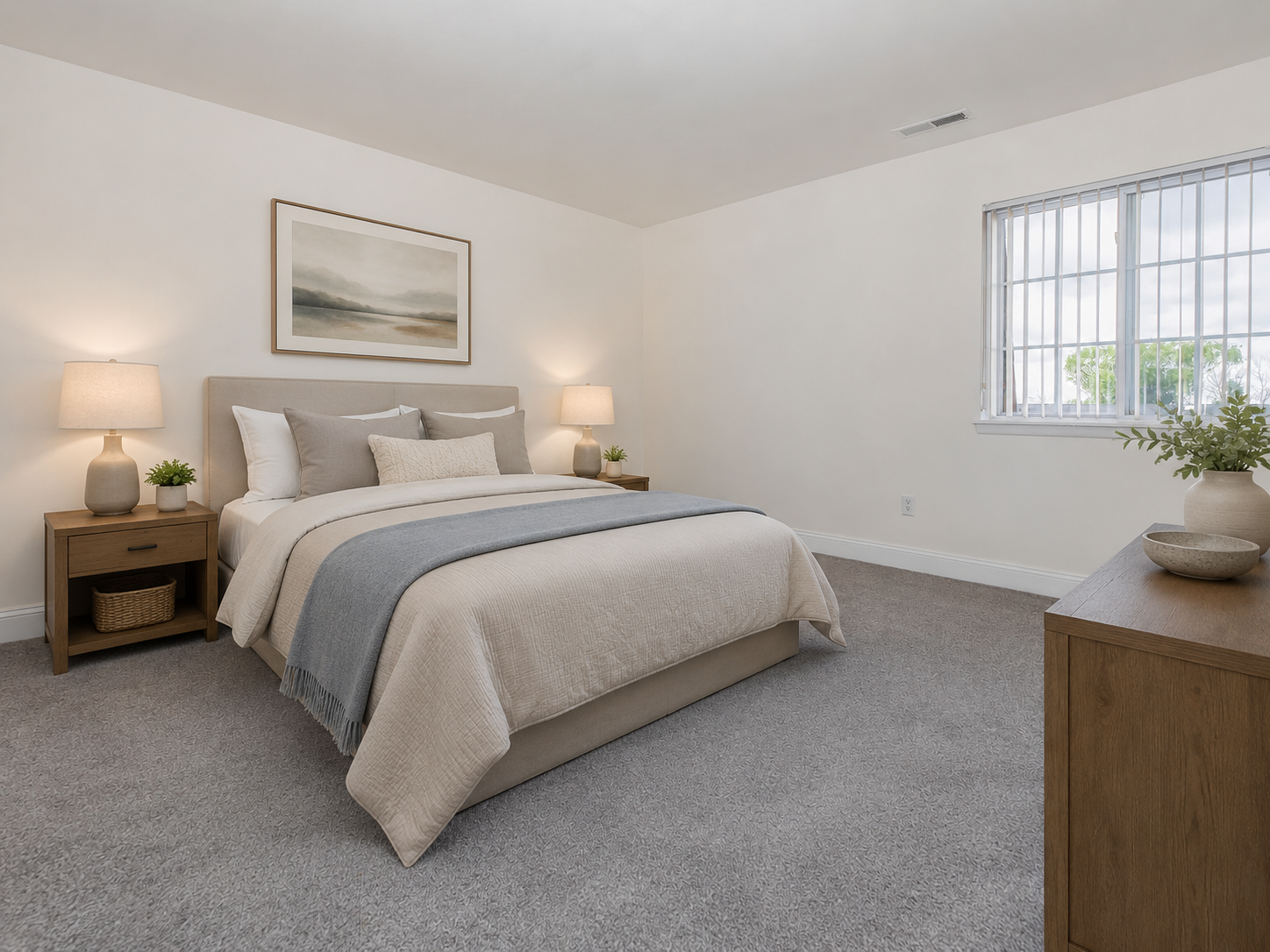A cozy, neutral-toned bedroom featuring a comfortable bed with layered gray and beige bedding. Flanking the bed are two lamps on wooden nightstands. A piece of abstract art hangs above the bed, and a window with white blinds lets in natural light. A dresser and small plants enhance the inviting atmosphere.