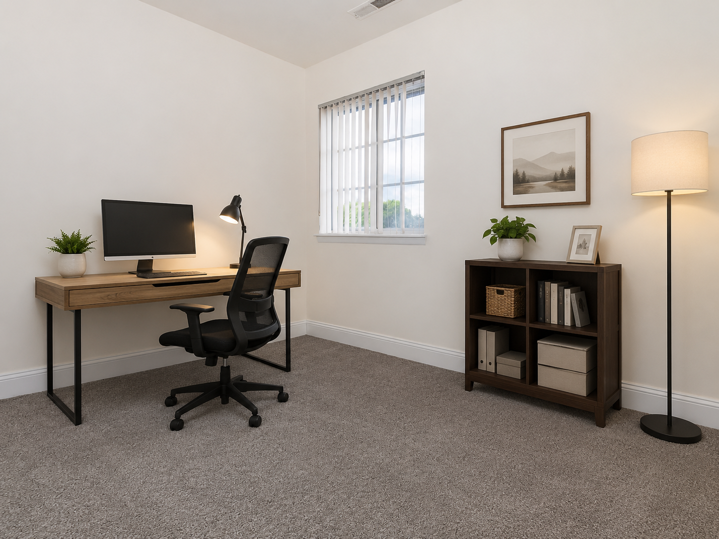 A modern, minimalist home office featuring a wooden desk with a computer and an ergonomic chair. A window with blinds allows natural light, while a floor lamp illuminates the space. There is a small plant on the desk and a bookshelf beside it, showcasing decorative boxes and a framed picture on the wall.