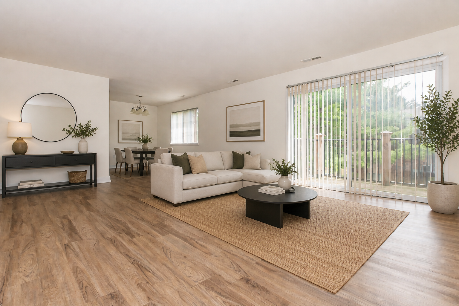A modern, well-lit living room featuring a beige sofa with cushions, a round black coffee table, and a decorative area rug. There's a console table with a lamp and plants, a dining area in the background, and large sliding glass doors leading to a balcony with greenery outside. The walls are neutral and decorated with artwork.