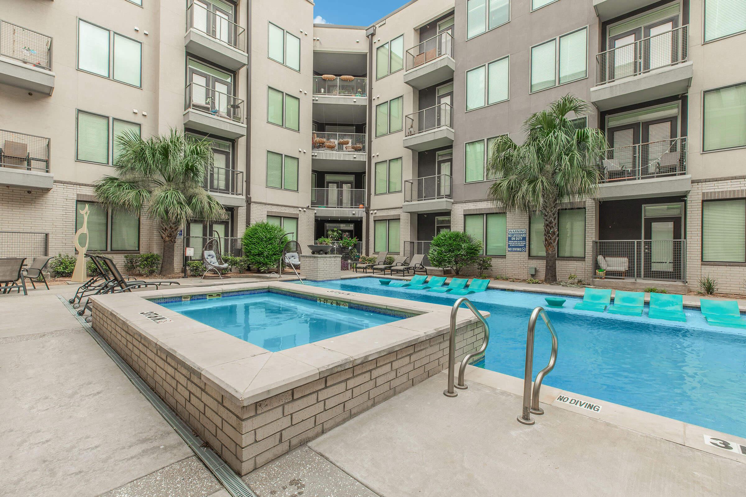 a pool of water in front of a building