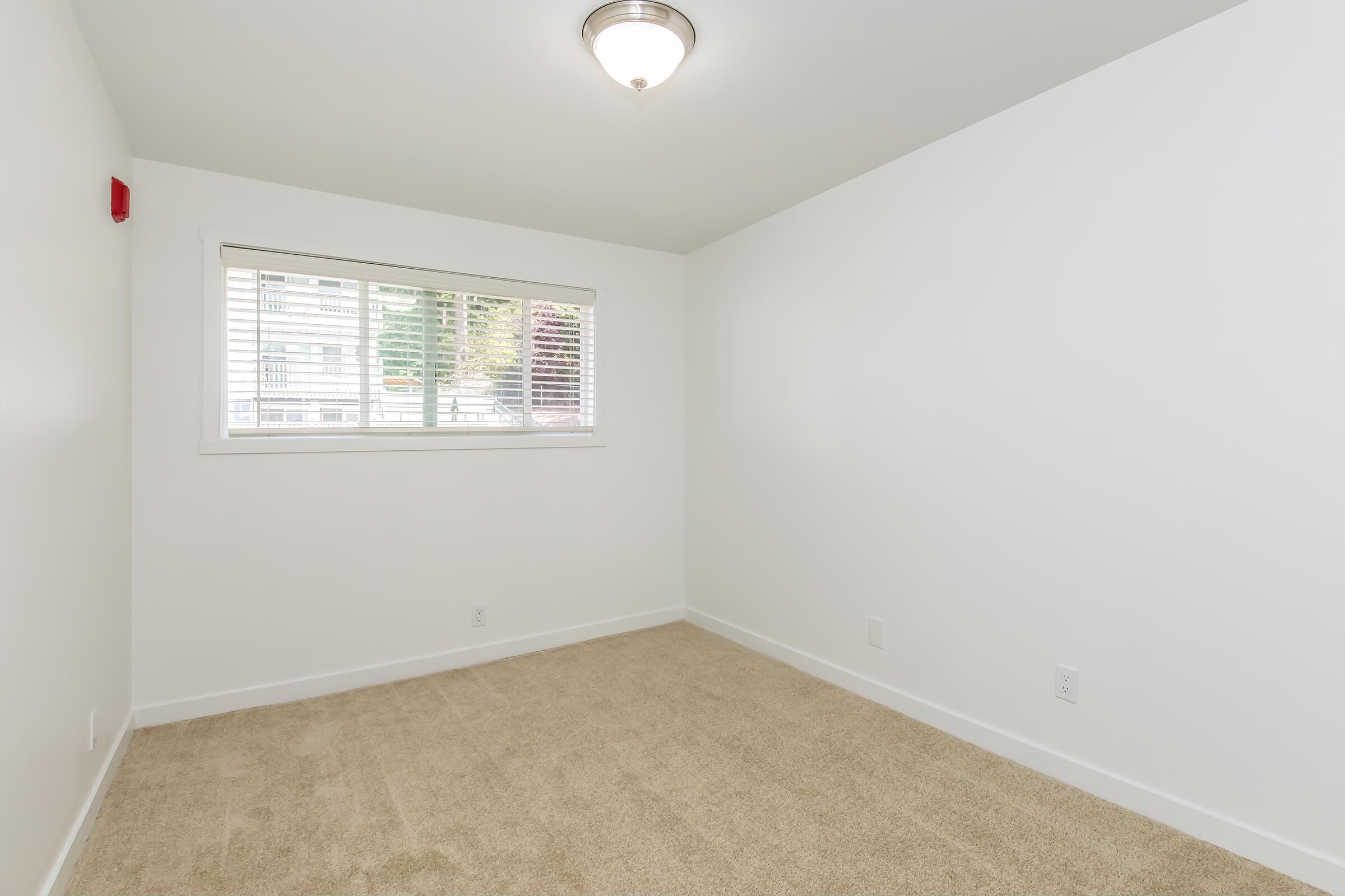 Empty room with light-colored walls and carpet, featuring a window with blinds on one side. A ceiling light fixture is visible, and there are no furnishings or decorations in the space. The overall appearance is clean and well-lit, suggesting a neutral living environment.
