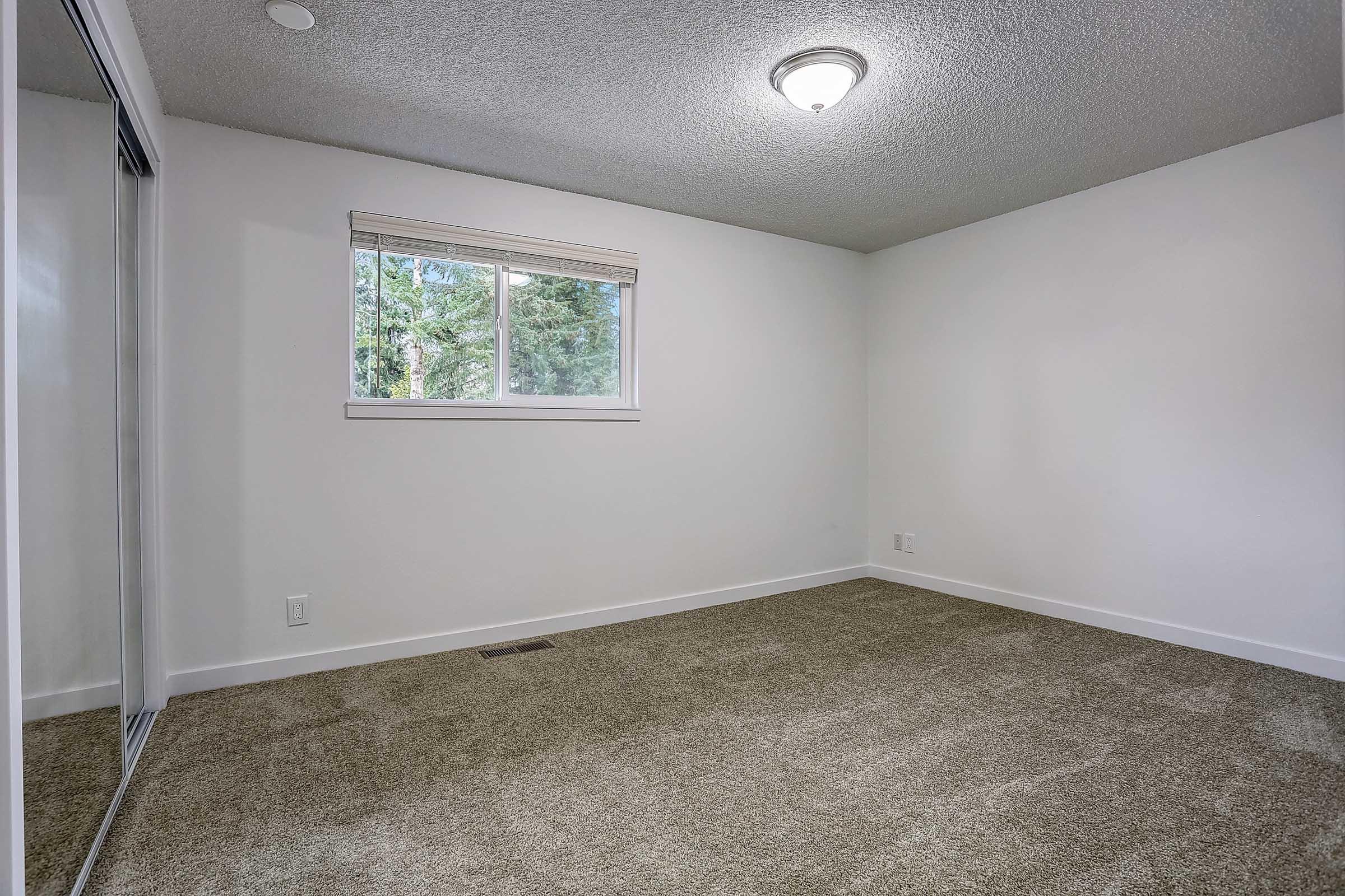 A vacant room featuring light-colored walls and a carpeted floor. There is a window allowing natural light, and a ceiling light fixture. One wall has a mirrored closet door, and the space appears well-maintained and ready for furnishing.