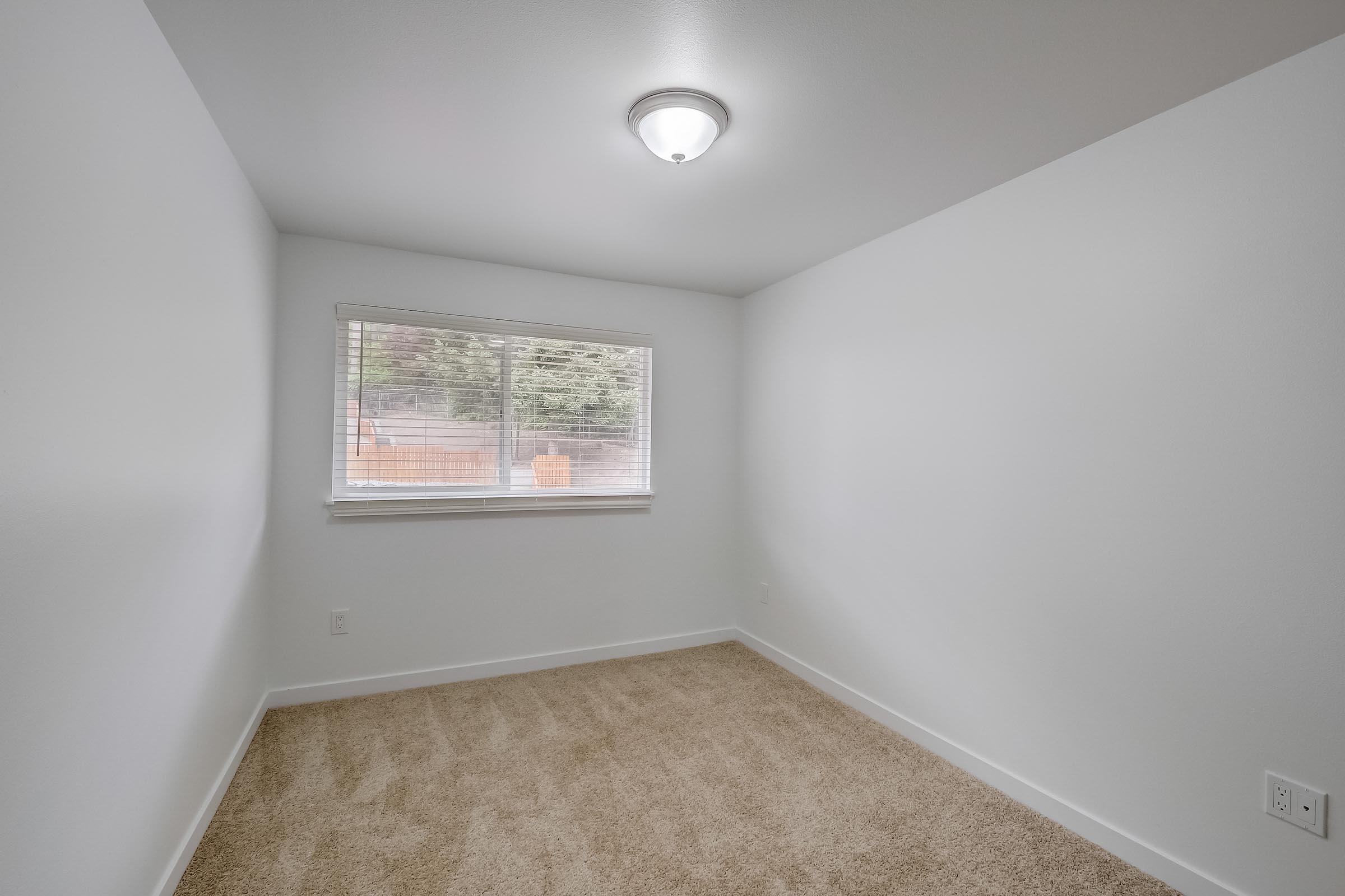 Empty room with beige carpeting and white walls. A single light fixture is mounted on the ceiling. There is a window with blinds letting in natural light, revealing an outdoor view. The space is clean and uncluttered, creating a minimalist ambiance.