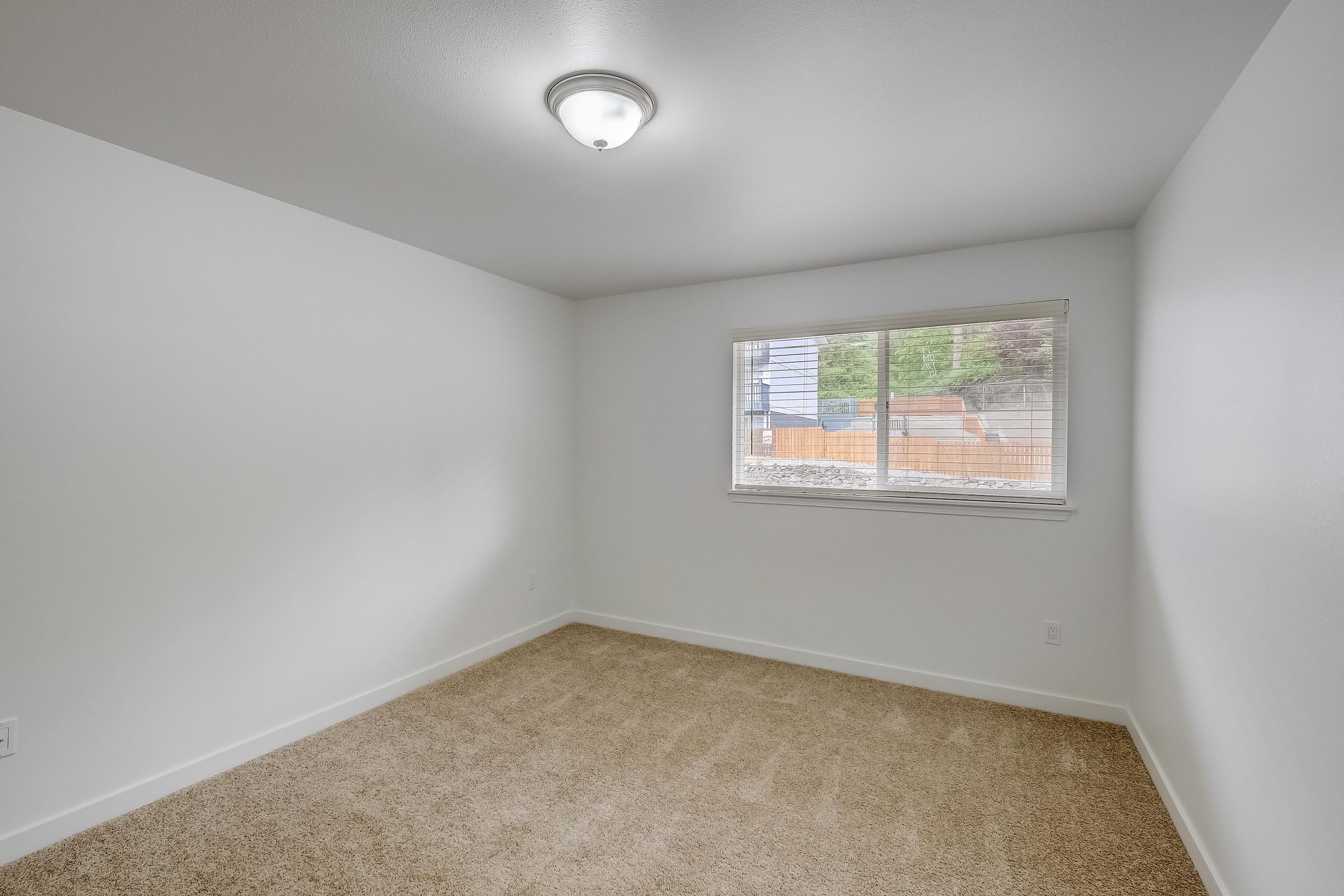 Empty room with beige carpet, white walls, and a ceiling light. A window on one wall offers a view of an outdoor space. The room has a clean and minimalist appearance, suitable for various uses.