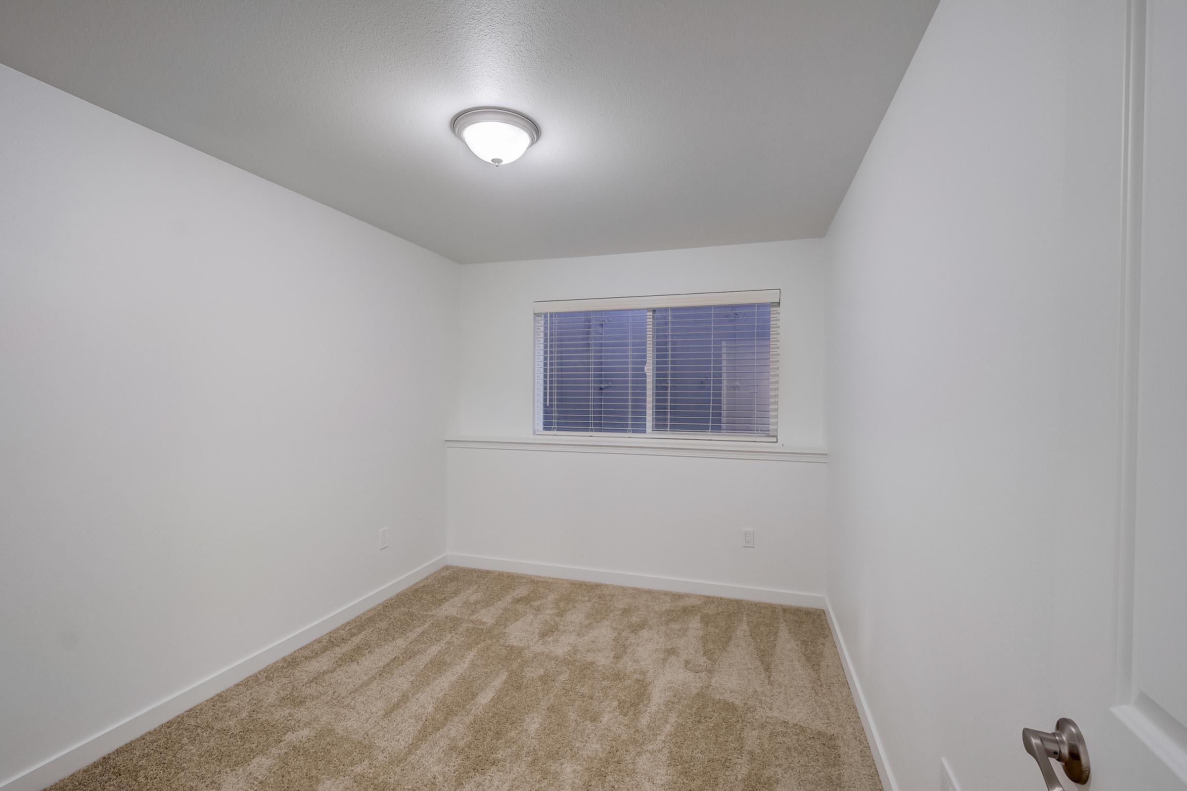 Empty room with light-colored walls, a carpeted floor, and a ceiling light fixture. A window with blinds is positioned on one wall, allowing natural light to enter. The space appears clean and minimalistic, ideal for various uses such as an office or guest room.