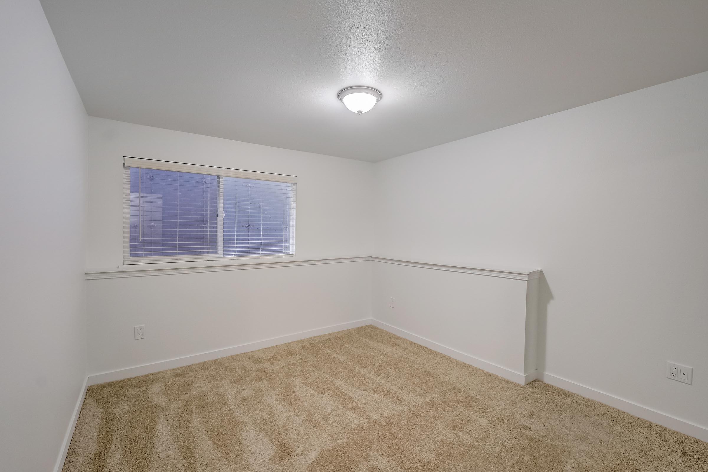 Empty room with light-colored walls and a ceiling light fixture. There is a window with blinds on one wall, and the floor is covered with beige carpet. The space is unfurnished, creating a bright and airy atmosphere.