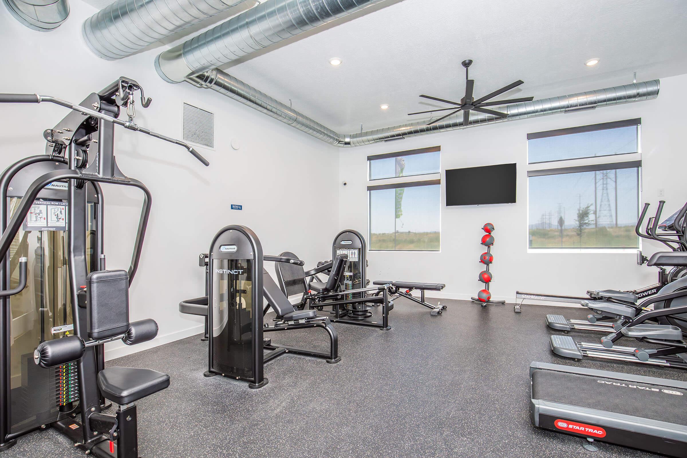 Modern fitness room featuring various exercise equipment including weight machines and treadmills. The space is well-lit with large windows, a ceiling fan, and a wall-mounted TV. Rubberized flooring provides a durable surface for workouts.