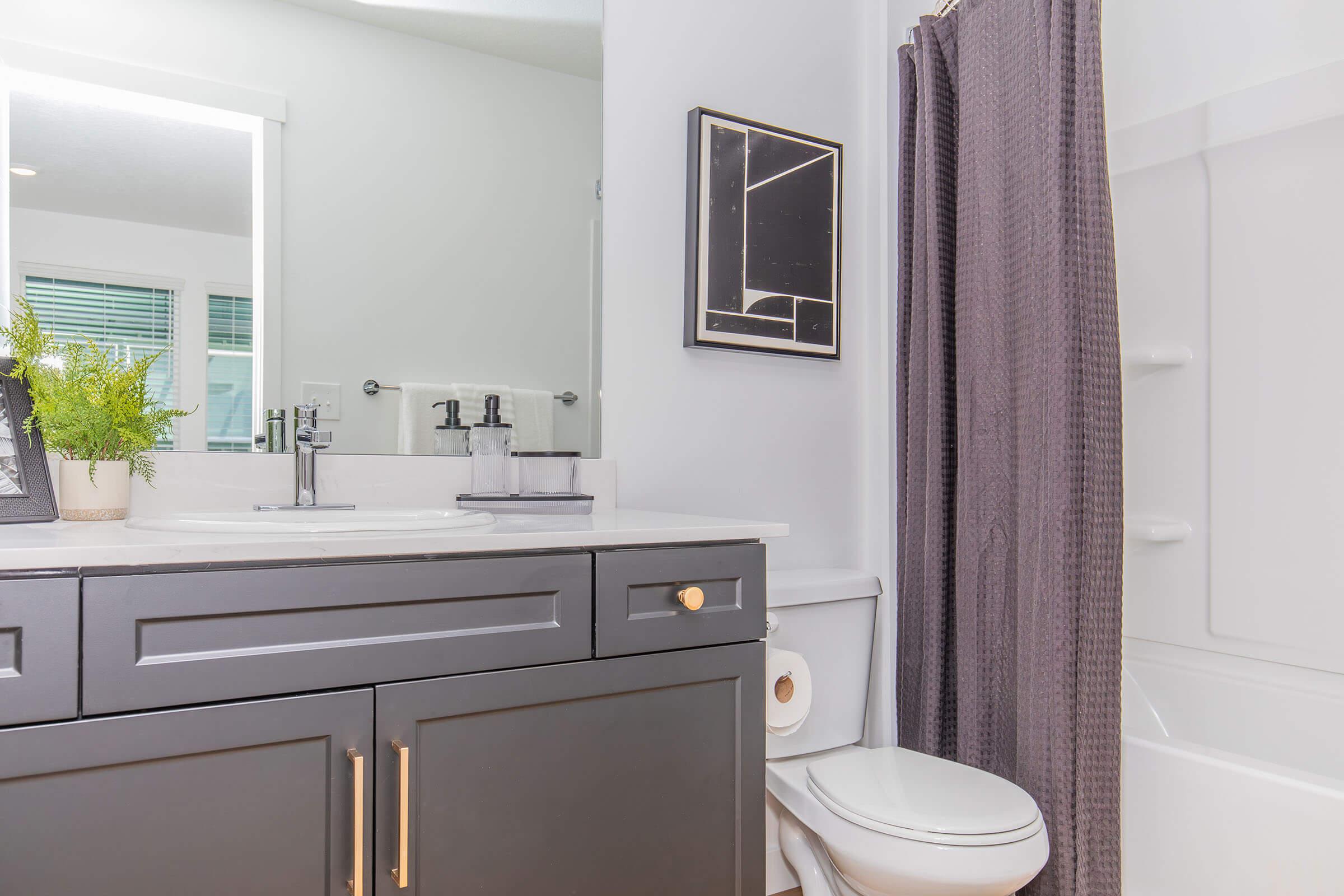 A modern bathroom featuring a dark gray vanity with a white countertop, a sink with a mirror above, a contemporary art piece on the wall, a towel rack with neatly arranged towels, and a shower area with a gray curtain. There is also a toilet and a plant for decoration.