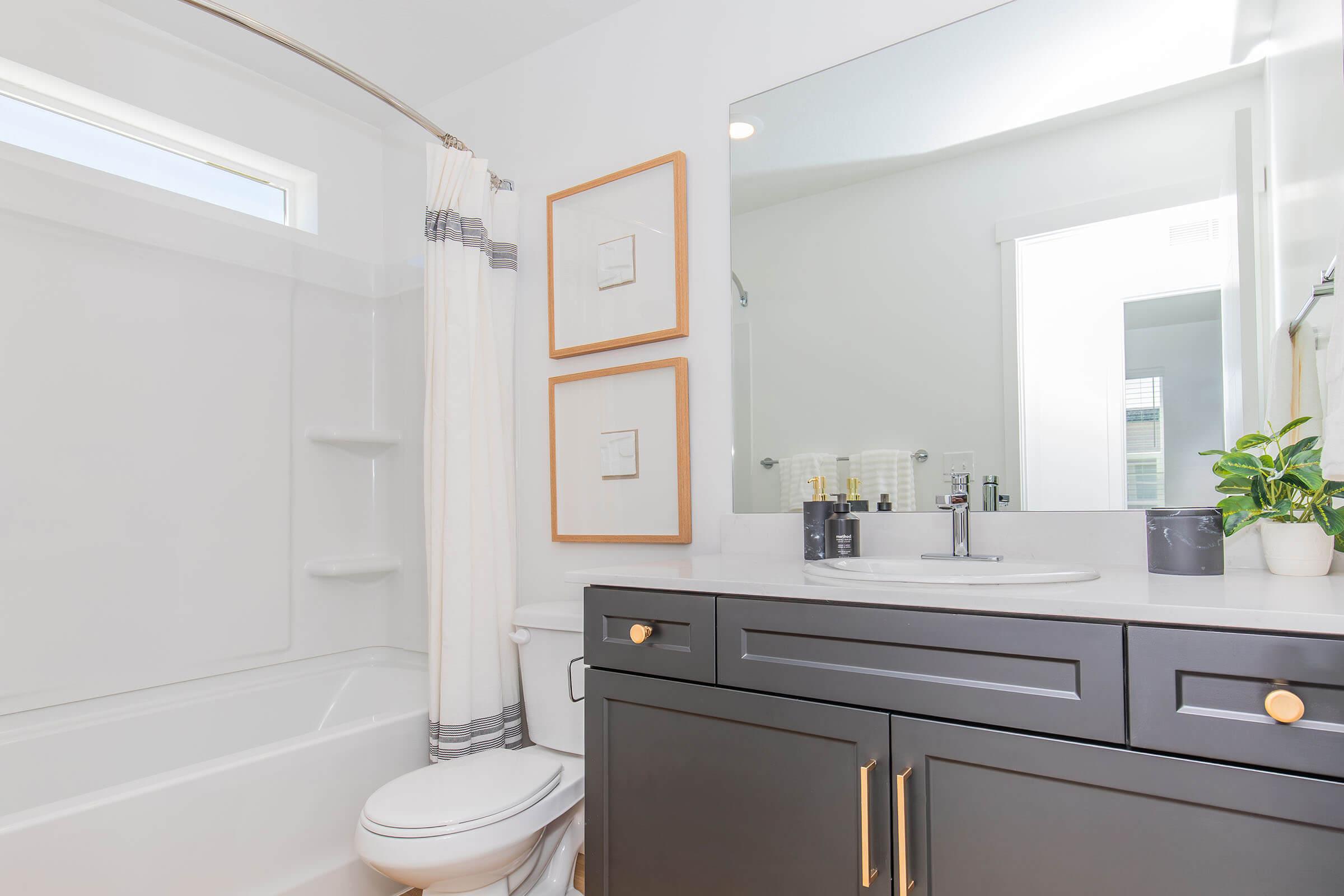 A modern bathroom featuring a white bathtub with a shower curtain, a sleek black vanity with a circular sink, a large mirror above the sink, and decorative wall frames. A small green plant is placed on the vanity, and there is a window allowing natural light to enter the space. The overall aesthetic is clean and minimalist.
