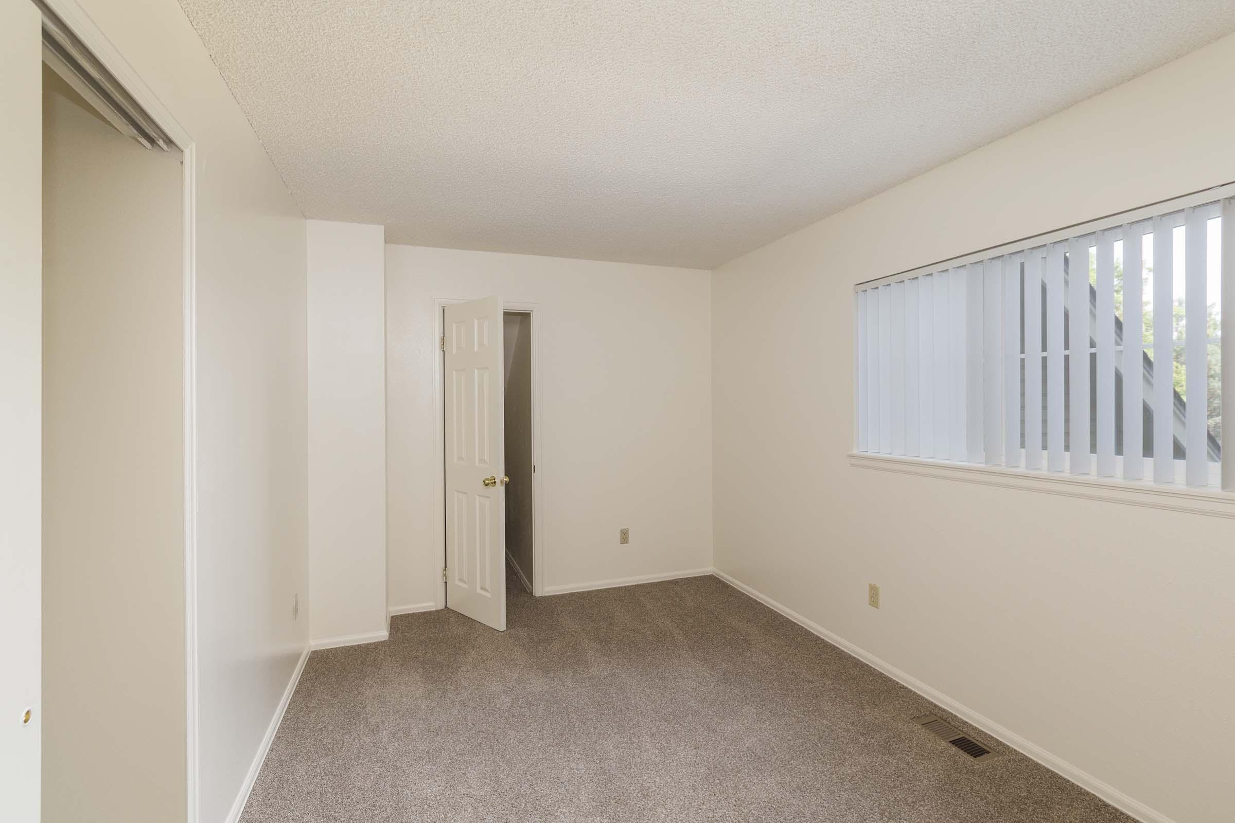 Empty room featuring light-colored walls, beige carpet flooring, and a window with vertical blinds. There is a closed door on one wall and an open closet on the opposite side, creating a spacious, minimalist appearance.