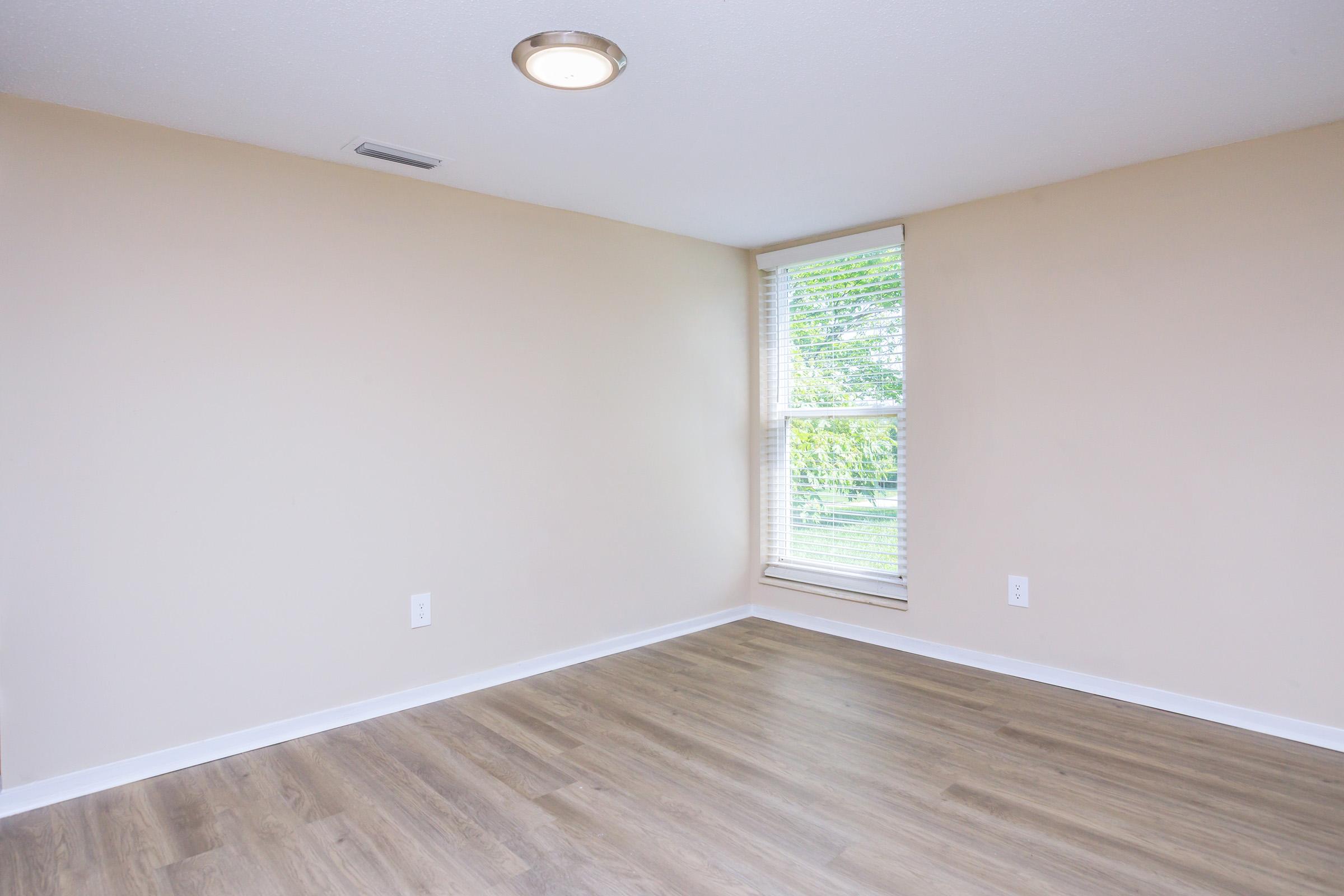 Empty room with light-colored walls and a large window, allowing natural light to enter. The floor is styled with wood-like laminate. There is a ceiling light fixture visible. The space appears clean and ready for furnishing.