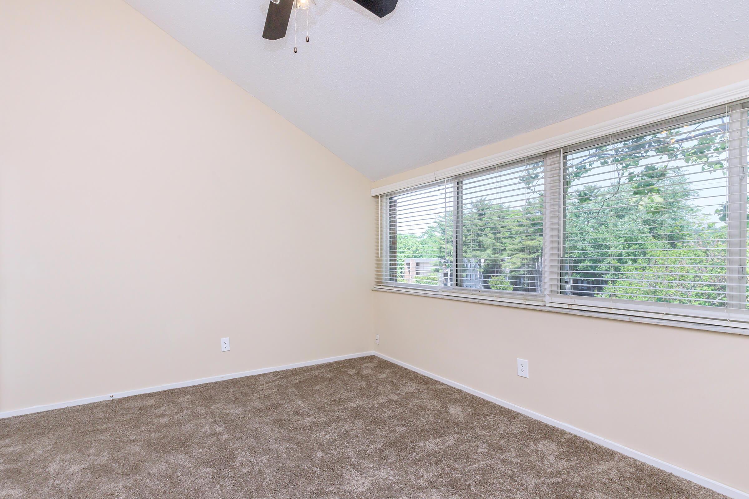 A bright, empty room with a sloped ceiling and beige walls. Large windows with blinds offer a view of greenery outside. The floor is covered with plush, light brown carpet. Good natural light fills the space, creating an inviting atmosphere.