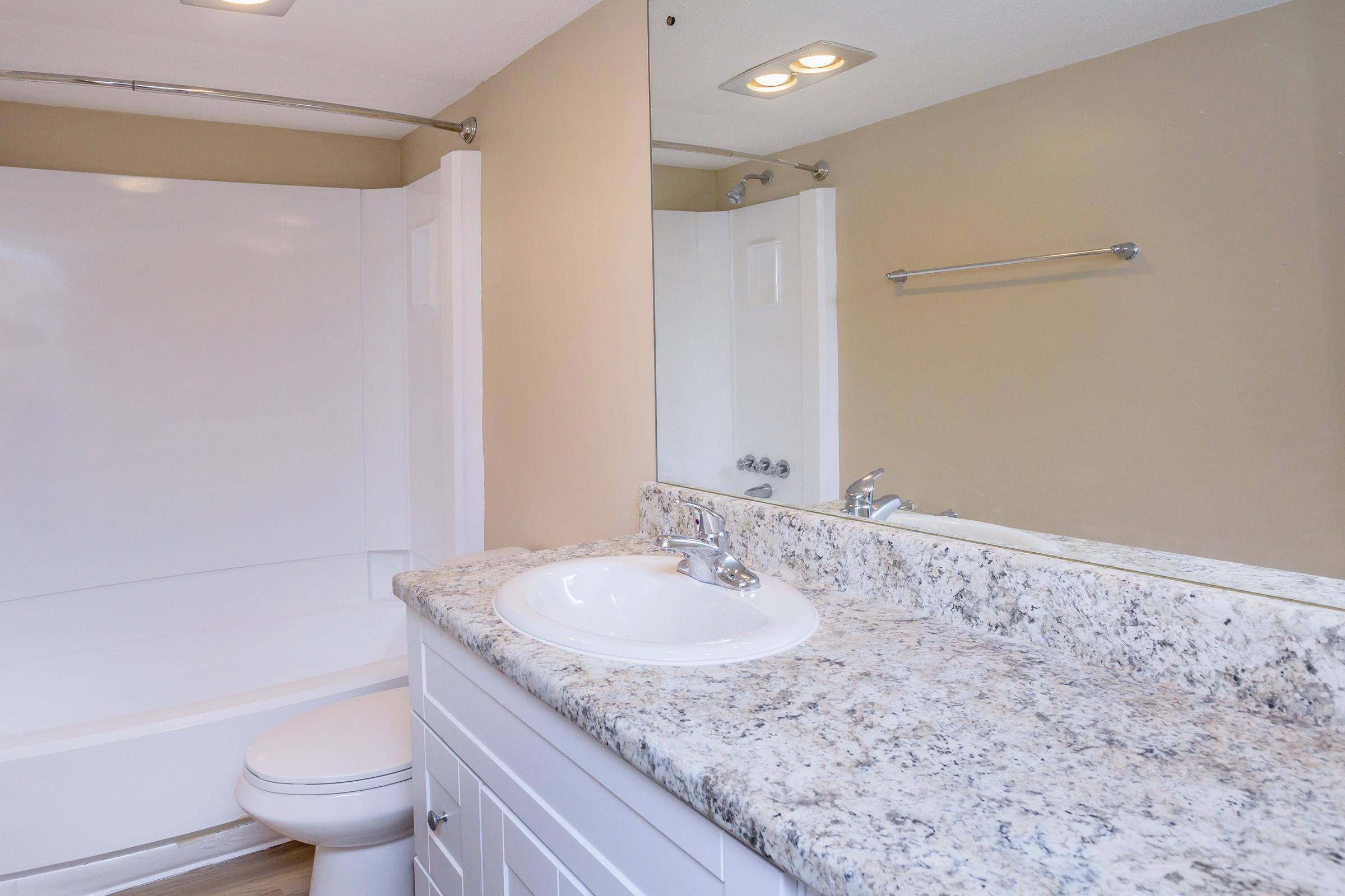 A modern bathroom featuring a white bathtub, a vanity with a granite countertop, and a circular sink. The light-colored walls and fixtures provide a clean and bright ambiance. A large mirror above the sink reflects the space, and minimal accessories contribute to the uncluttered look.