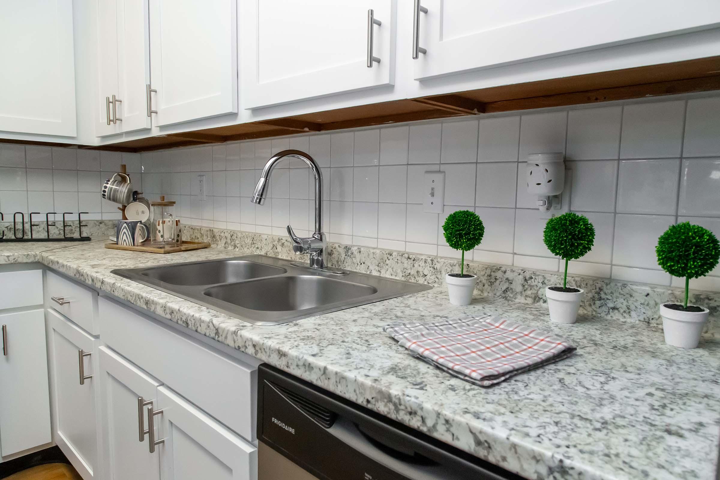 A modern kitchen with a granite countertop featuring a double sink, decorative plants in white pots, a checked dish towel, and a dish rack. The cabinets are white, and the backsplash is tiled. There is a dishwasher visible beneath the counter.