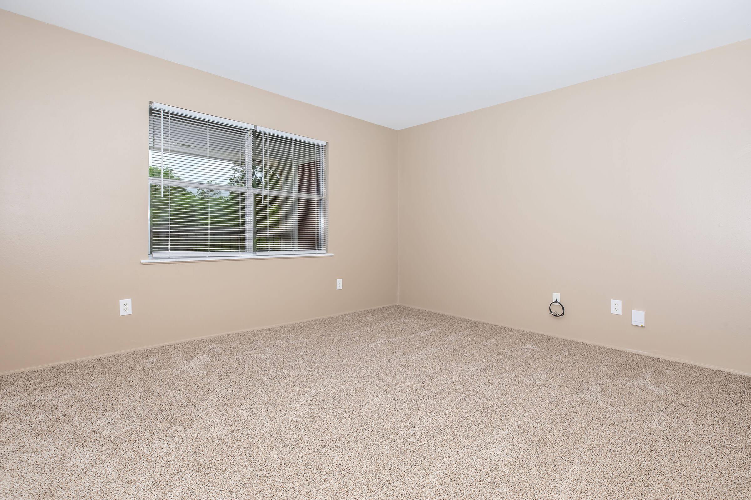 A spacious, empty room with light beige walls and a carpeted floor. There's a window with vertical blinds on one side, allowing natural light to enter. The room features two electrical outlets on one wall and a single cable outlet, creating a blank canvas for decorating or furnishing.