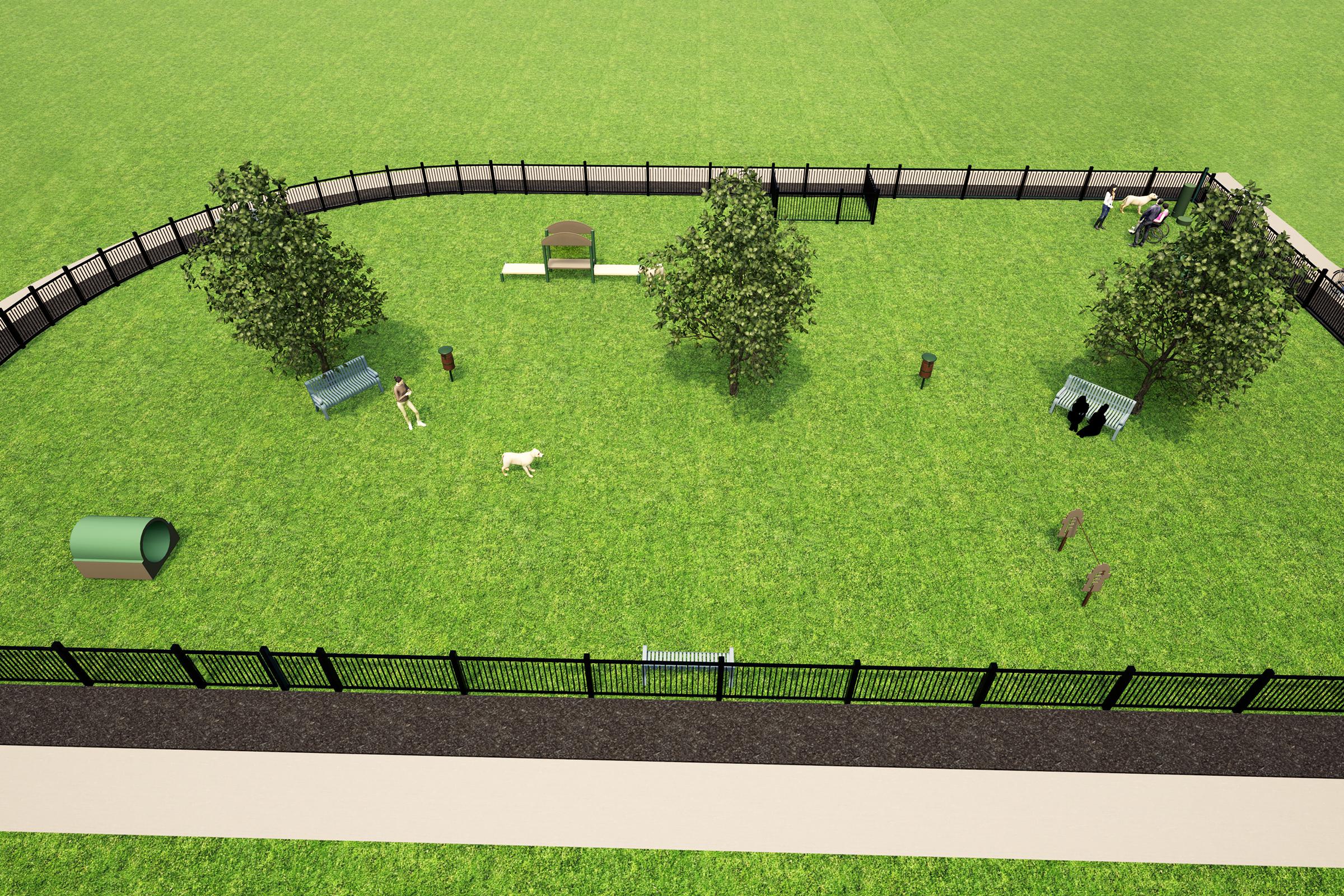 Aerial view of a fenced dog park featuring lush green grass, two trees, benches, agility equipment, and a small doghouse. Several people and dogs are enjoying the space, with a clear path surrounding the park.