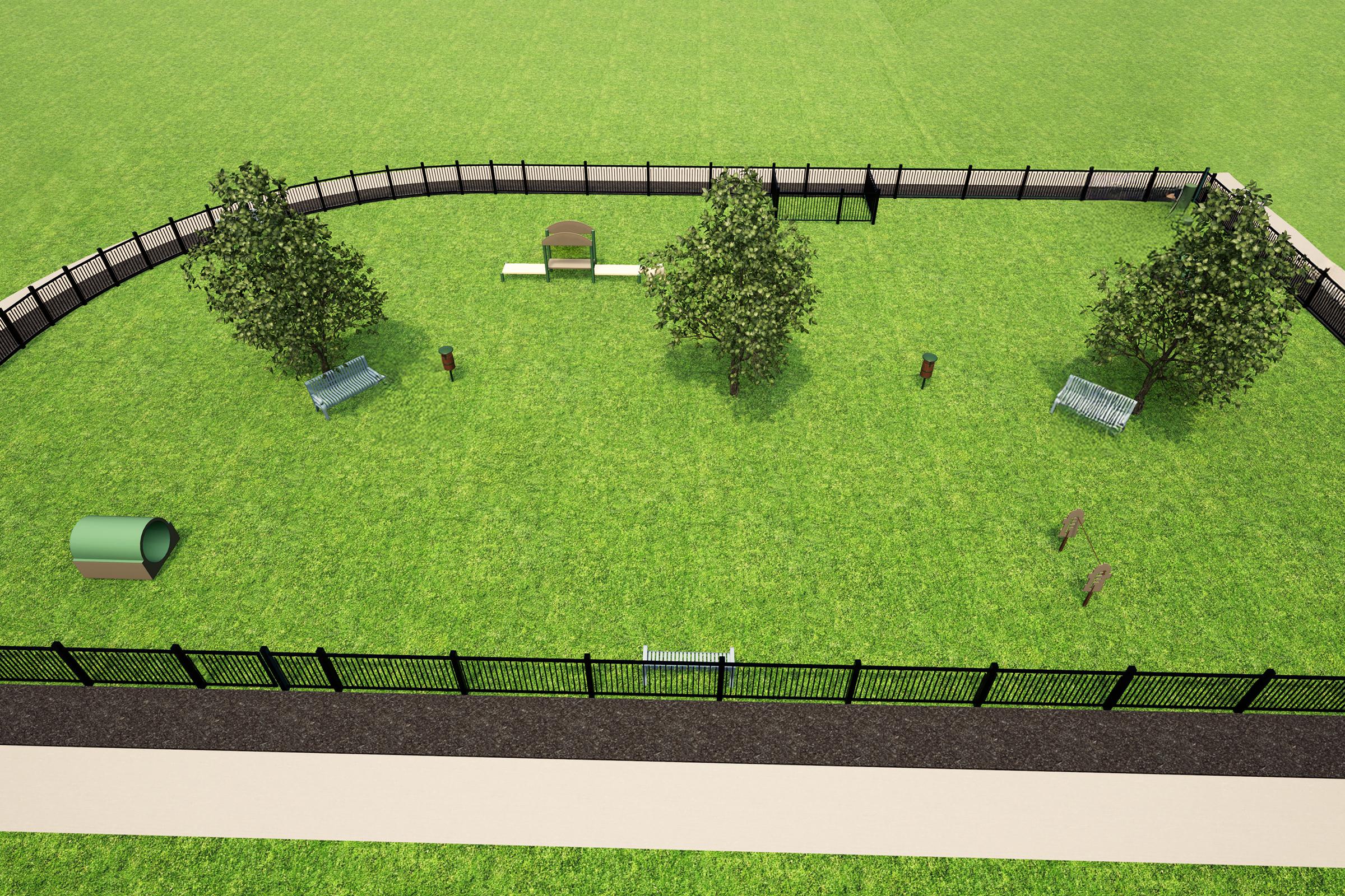 A spacious, fenced dog park featuring a grassy area with two trees, benches for seating, a small tunnel for dogs to explore, and various play structures. The path surrounding the park is made of concrete, allowing easy access for visitors.