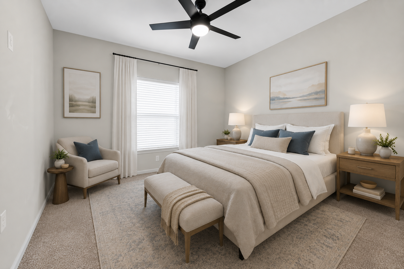 A cozy bedroom featuring a bed with light bedding and decorative pillows, a bench at the foot of the bed, bedside tables with lamps, and a reading chair. Natural light pours in from a window with sheer curtains, and soft neutral tones create a calming atmosphere. Decorative artwork adorns the walls.