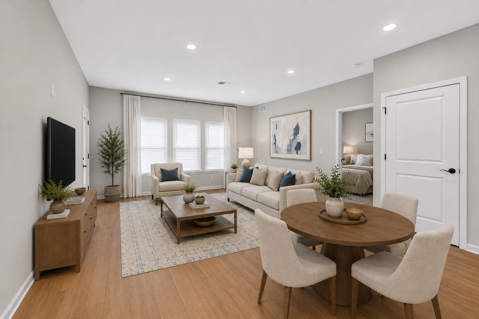 A modern, well-lit living room featuring a beige sofa set with blue accent pillows, a wooden coffee table, and a round dining table with four chairs. The space includes a TV mounted on the wall, potted plants, and large windows dressed with light curtains, creating a cozy and inviting atmosphere.