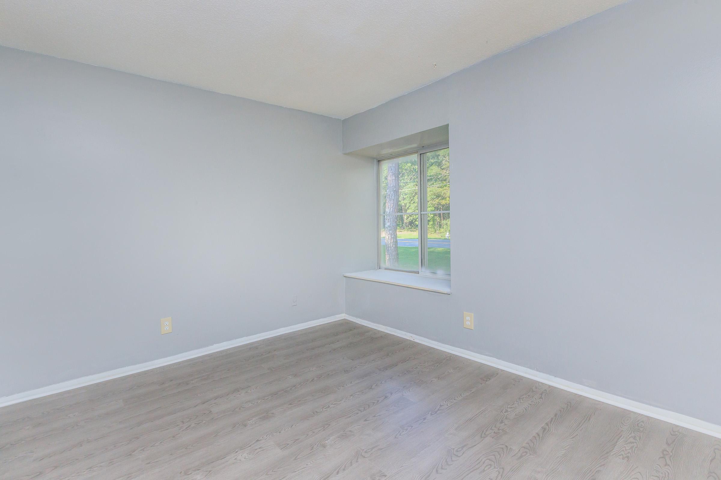 Empty room with light grey walls and a large window. The window has a view of greenery outside. The floor is wooden with a light finish, creating a bright and airy atmosphere.