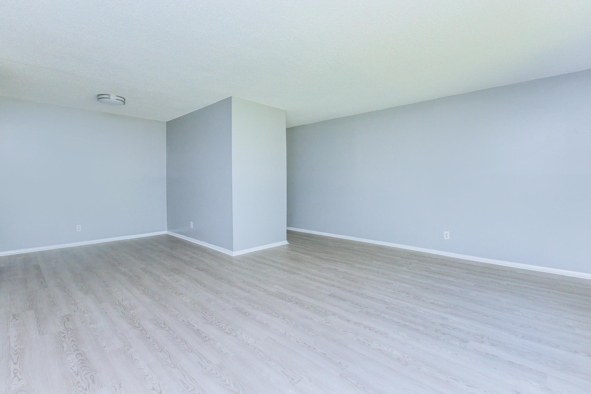 Spacious empty room with light gray walls and laminate flooring. The space features a simple ceiling fixture and is devoid of furniture, creating a bright and open atmosphere.