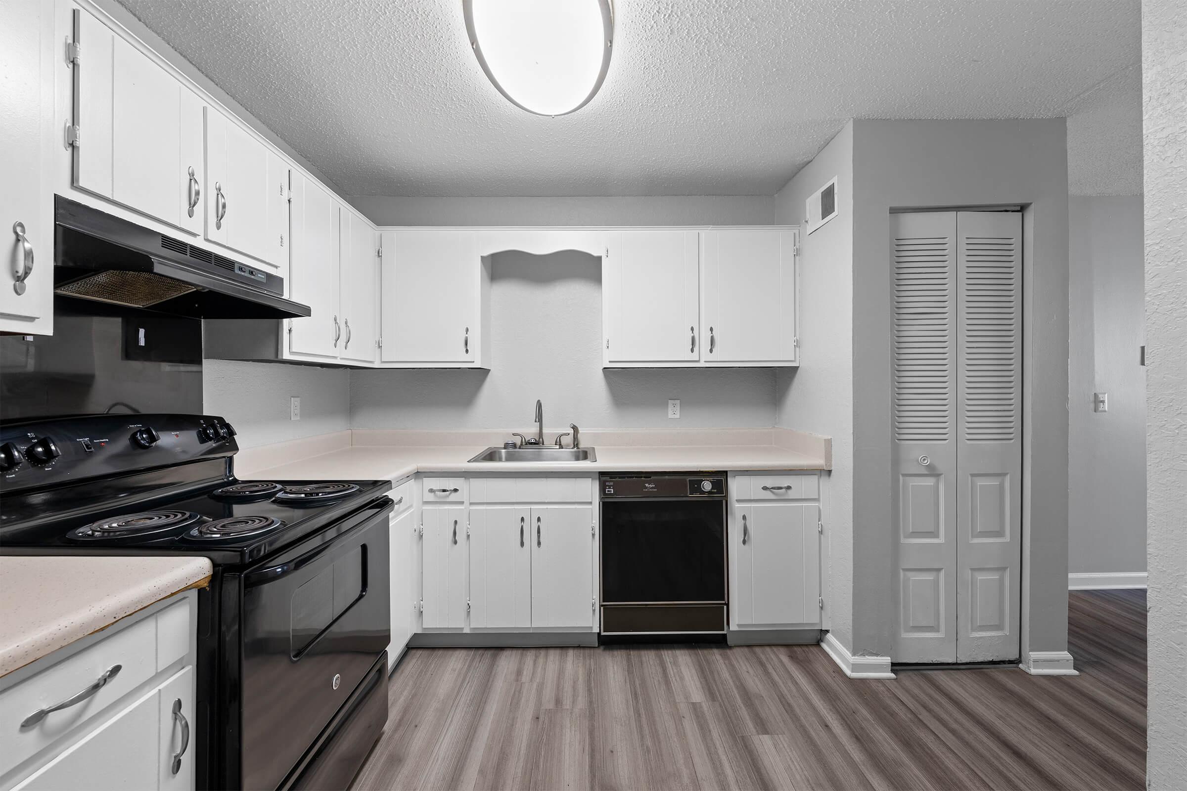 A modern kitchen featuring white cabinetry, a black stove, and a stainless steel dishwasher. The countertop is light-colored, and there is a double sink under a circular ceiling light. The floor has a wood-like laminate, and a door leads to a closet space on the right.