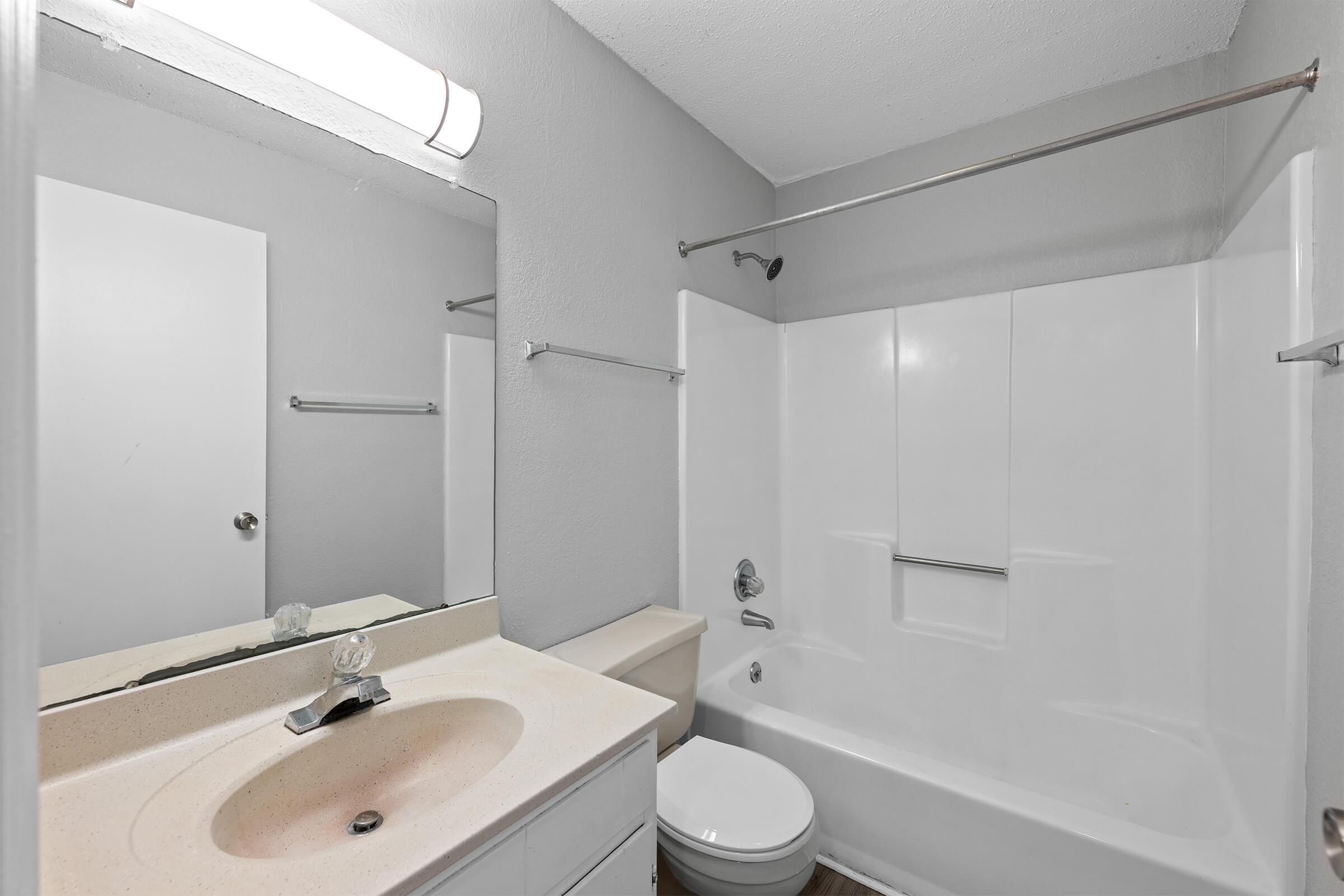 A clean, modern bathroom featuring a white bathtub with a shower, a toilet, and a vanity with a sink. The walls are painted gray, and there is a large mirror above the sink. A bright overhead light fixture provides illumination. The space appears tidy and well-maintained.