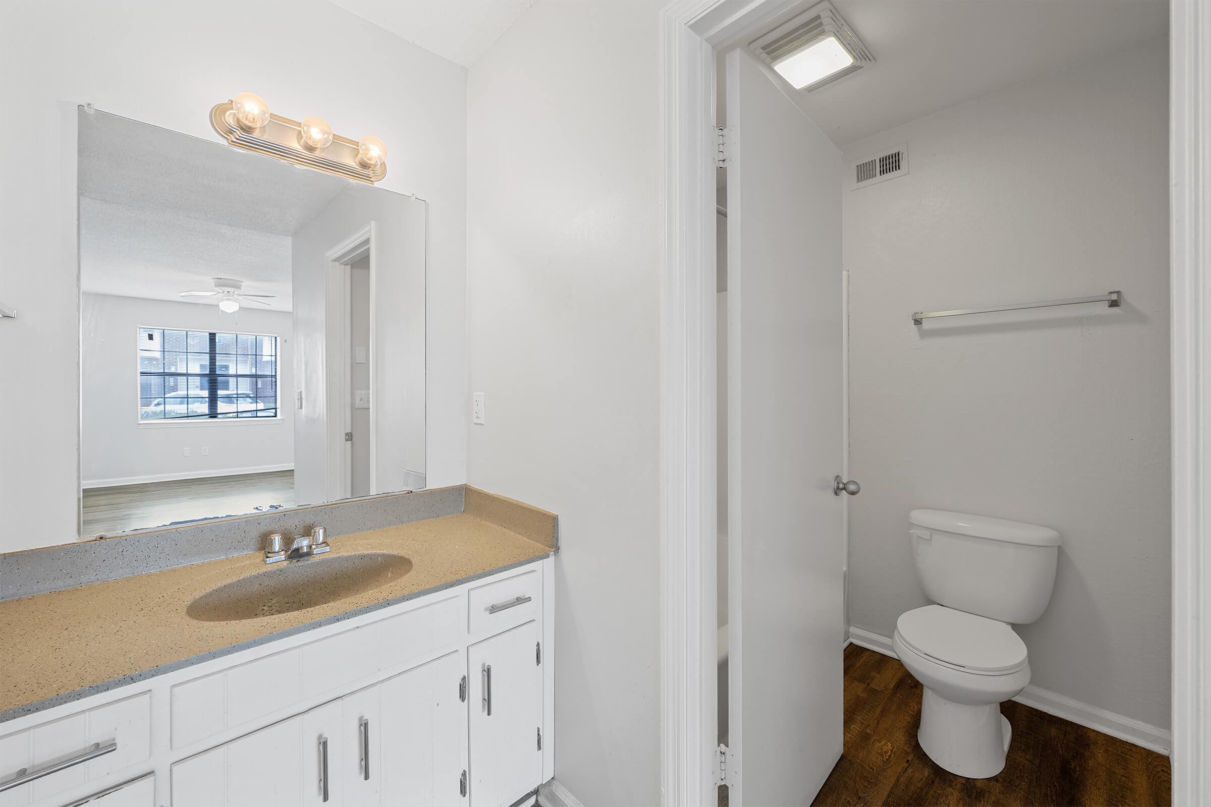 A bright and modern bathroom featuring a white vanity with a countertop sink and mirror above. To the right, a closed door leads to a toilet area. The walls are painted light gray, and the floor has a wood-like finish. Natural light enters from a nearby window, illuminating the space.