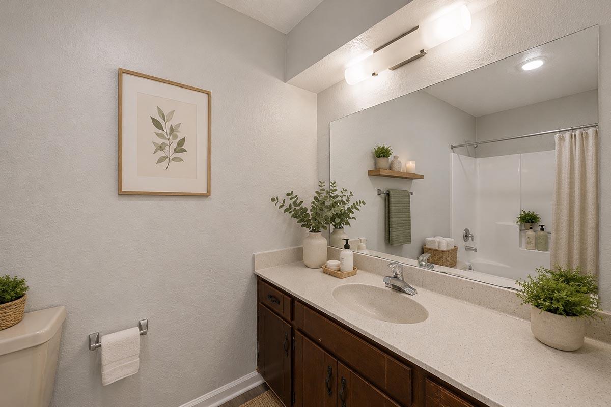 A modern bathroom featuring a light gray color scheme. The space includes a white countertop, a large mirror, and a sink. There's a decorative framed leaf print on the wall, plants on the counter, a towel rack with green towels, and a shower area with a curtain. The overall ambiance is serene and inviting.