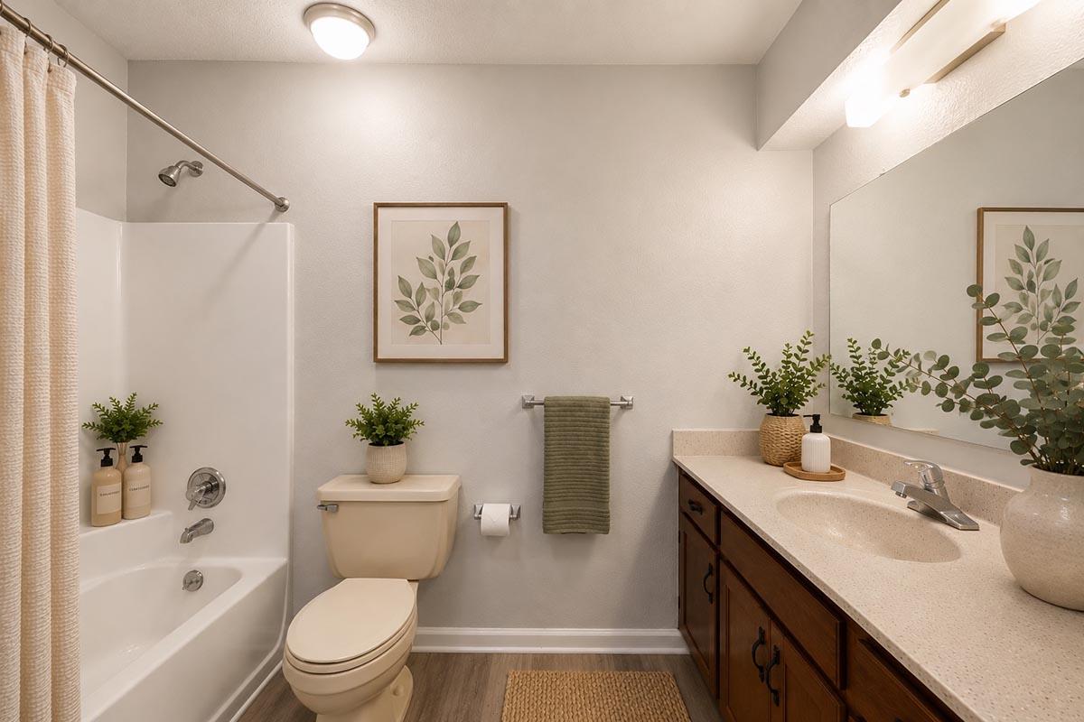 A modern bathroom featuring a bathtub with a shower, a beige toilet, and a double sink vanity with dark wooden cabinets. Decorative plants are placed on the countertop and beside the bathtub. The wall is painted light gray, and there's a framed botanical print above the sink. A textured rug lies on the floor.