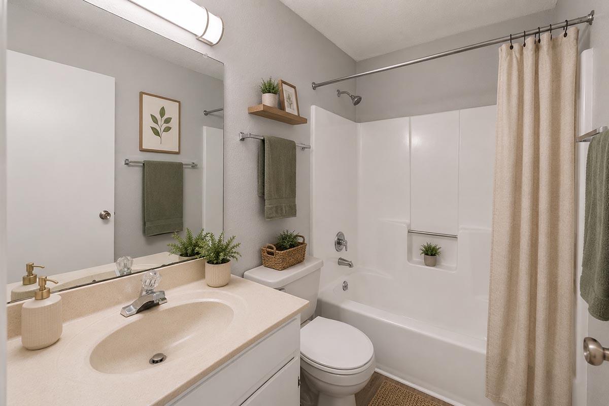 A clean and modern bathroom featuring a white bathtub and shower, a beige countertop with a sink, a mirror, and light fixtures. Decor includes a small plant, towel racks with green towels, and a shelf with a framed plant print and a basket. The walls are painted a soft gray, providing a contemporary look.