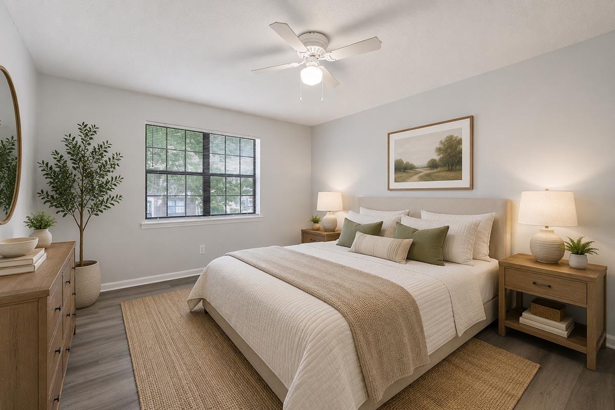A cozy bedroom featuring a large bed with neutral bedding, decorative pillows, and gray walls. There's a small dresser with lamps on either side, a round mirror above it, and a potted plant in the corner. A framed landscape painting hangs on the wall, and natural light streams in through a window with dark blinds.
