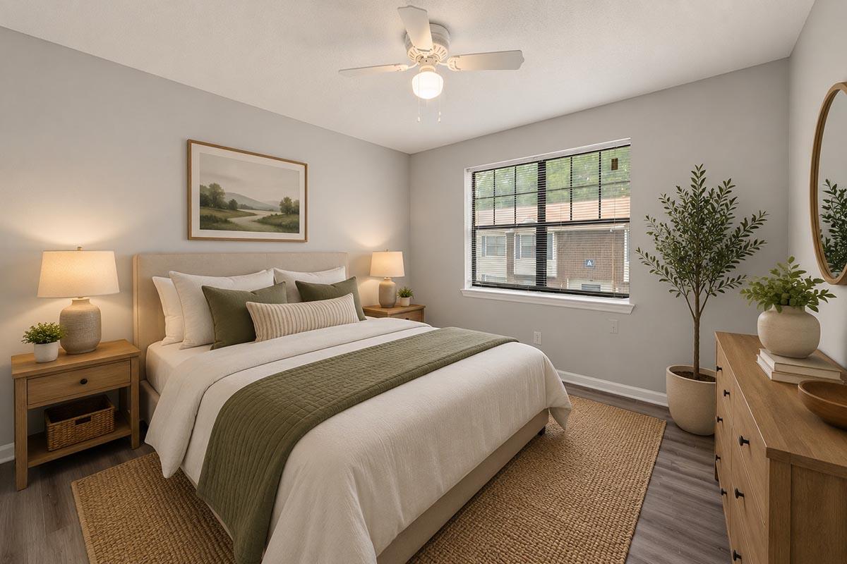 A cozy, well-decorated bedroom featuring a queen-sized bed with neutral bedding and green accents. There are bedside tables with lamps on each side, a large window with blinds, a potted plant in the corner, and a framed landscape painting above the bed, all contributing to a warm and inviting atmosphere.