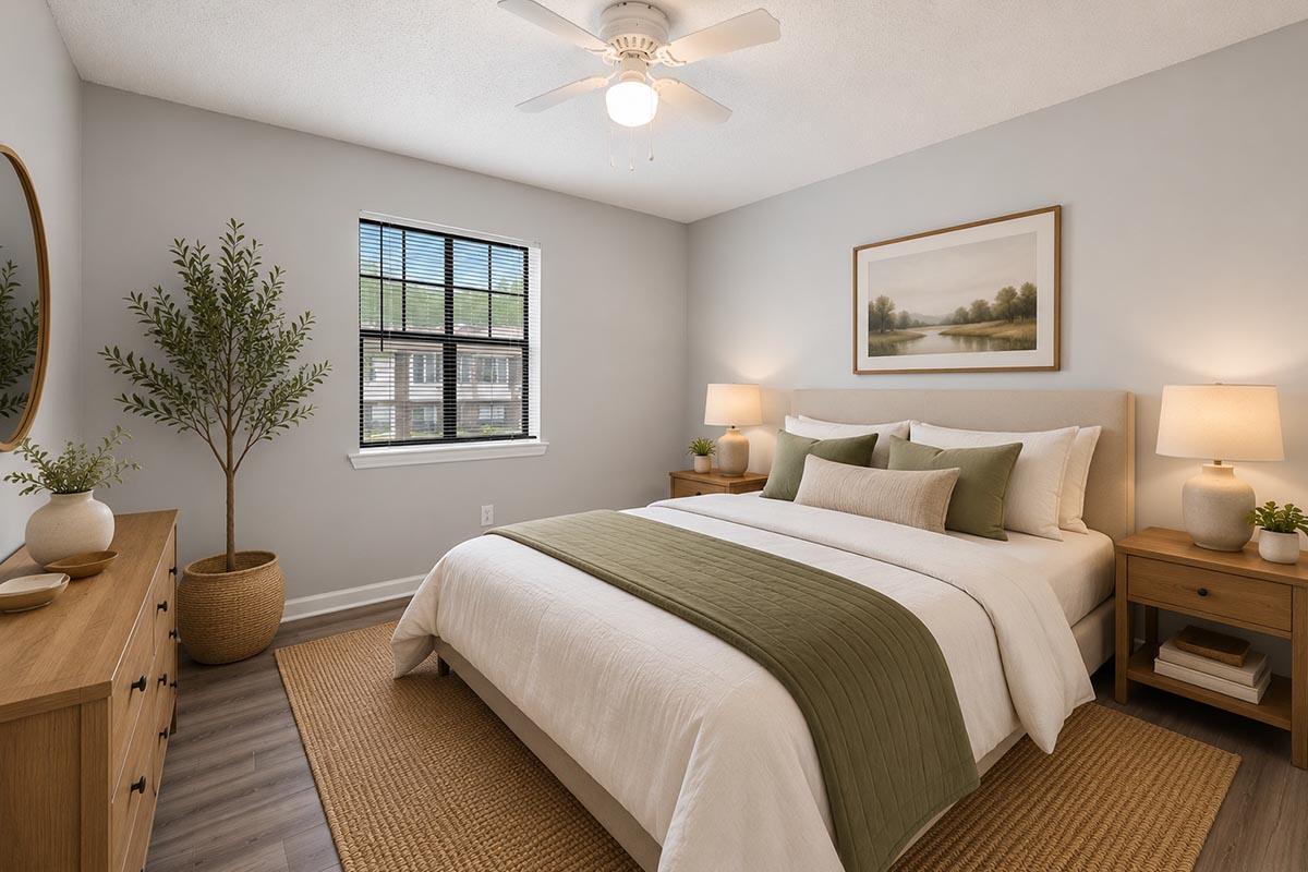 A cozy bedroom with a light gray color scheme. It features a large bed with white linens and an olive green throw blanket. Two nightstands with lamps flank the bed, and a round mirror is on one side. A potted plant is in the corner, and a nature-themed painting hangs above the bed, complementing the decor.
